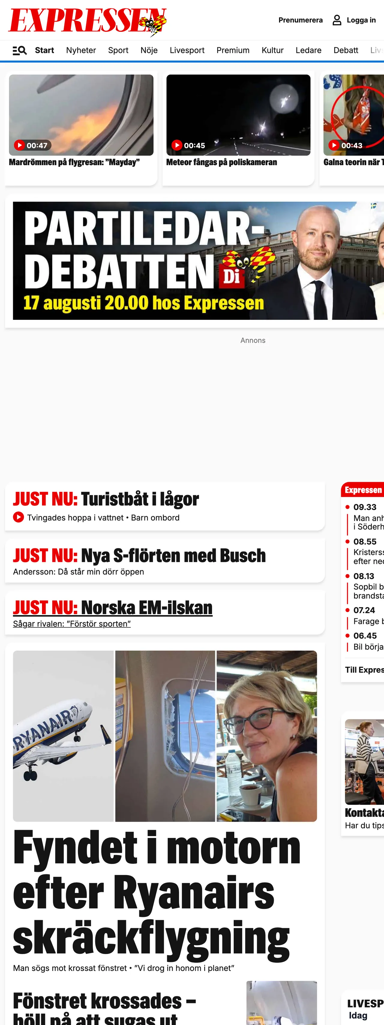 Screenshot of the Expressen front page