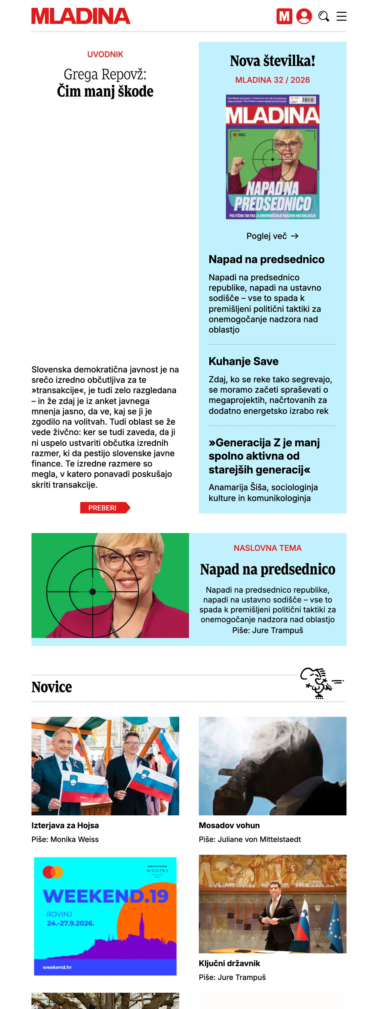 Screenshot of the Mladina front page