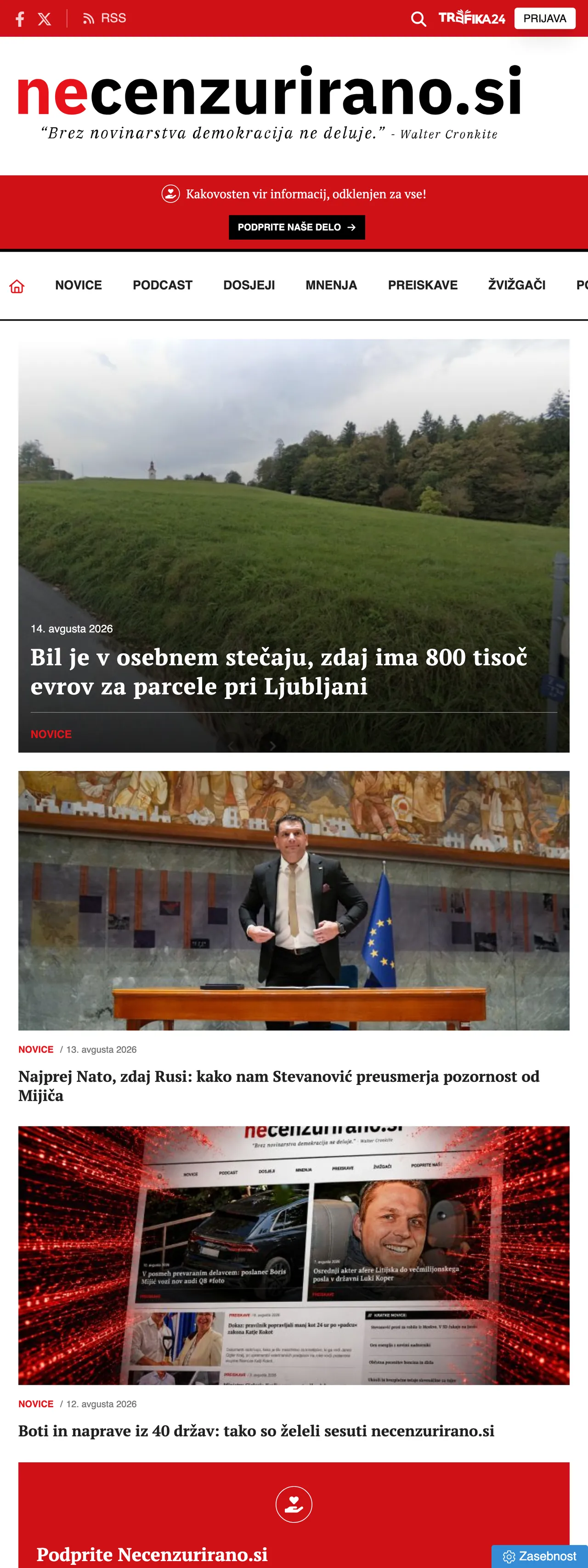 Screenshot of the Necenzurirano front page