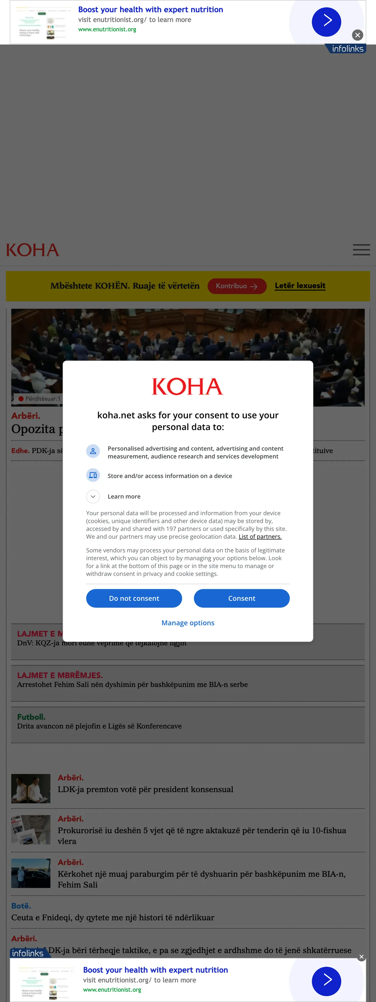 Screenshot of the Koha Ditore front page