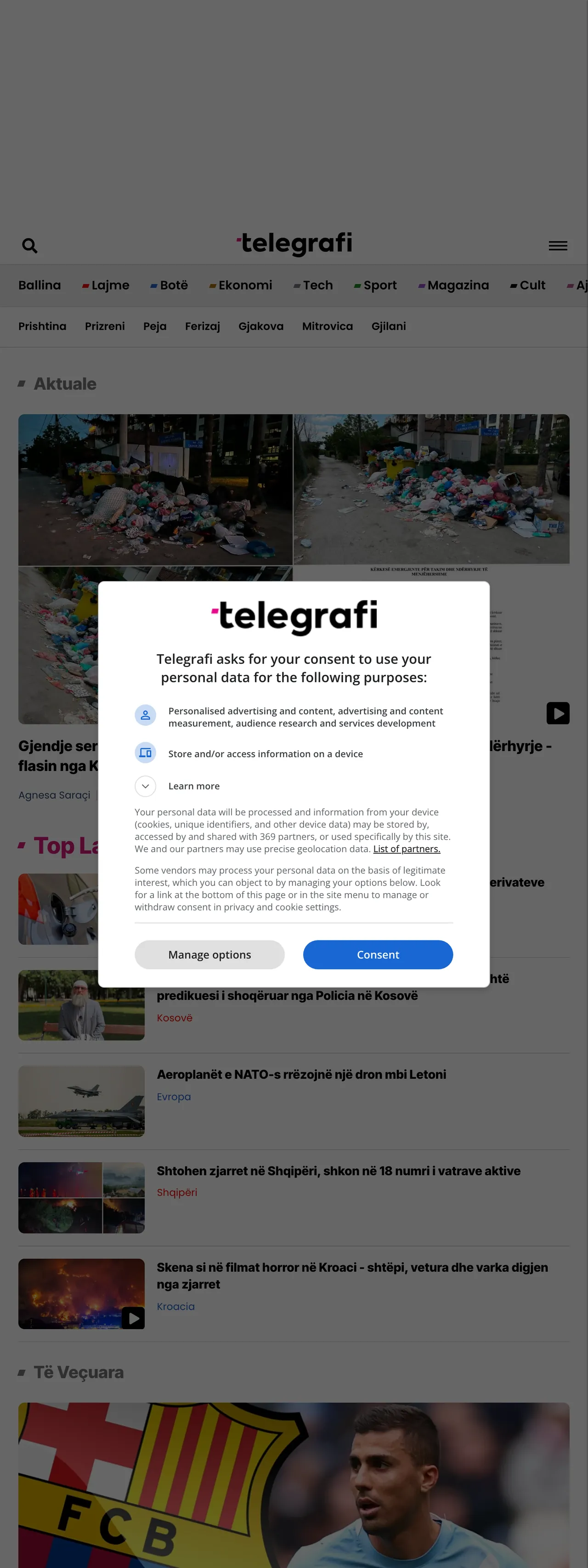 Screenshot of the Telegrafi front page