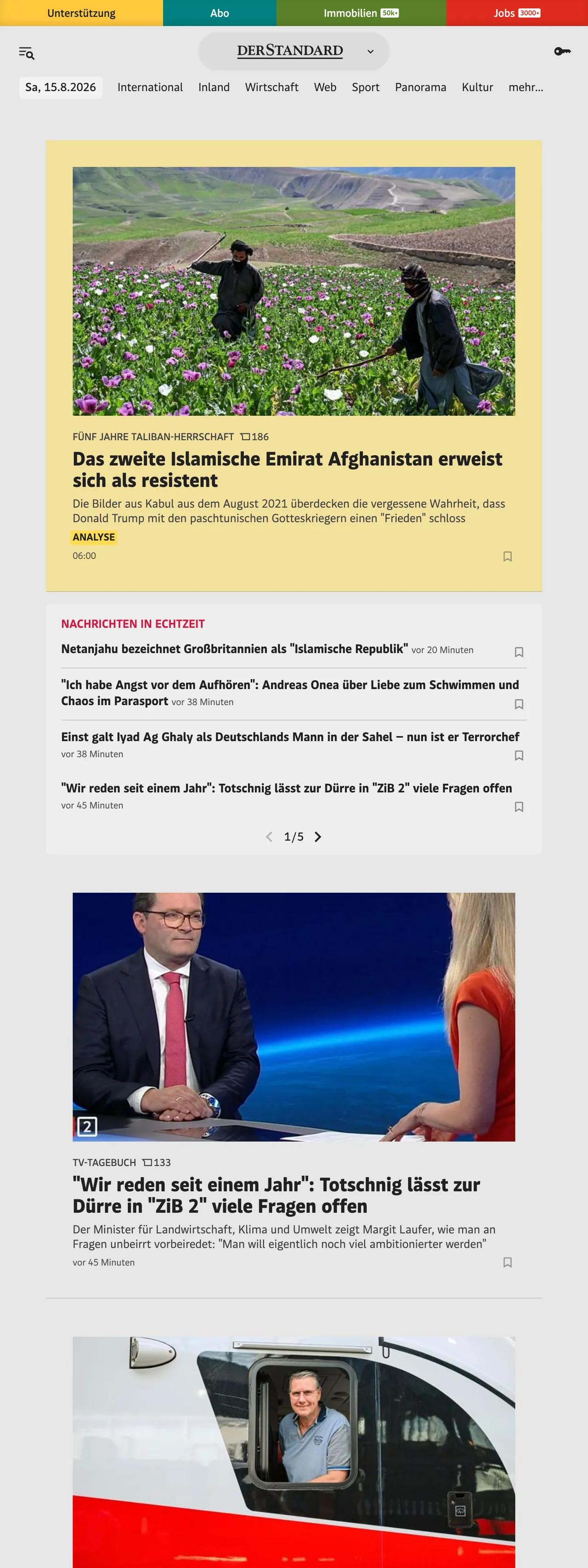 Screenshot of the DER STANDARD front page