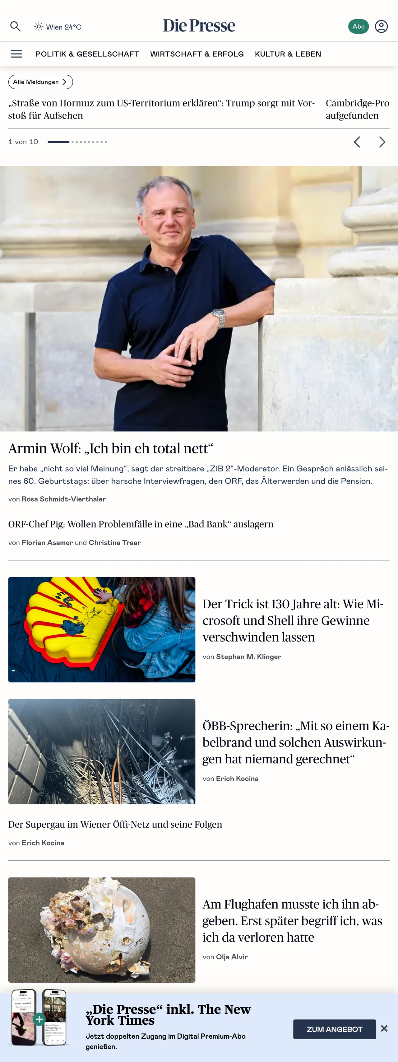 Screenshot of the Die Presse front page