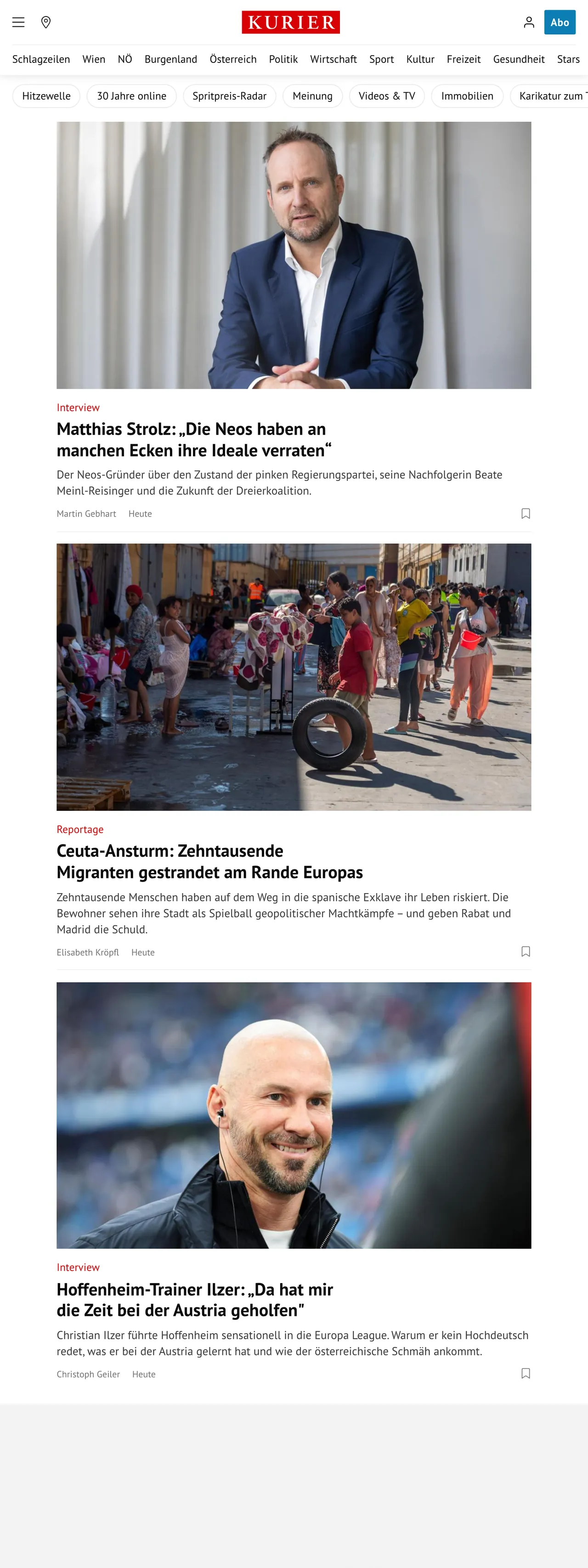 Screenshot of the Kurier front page