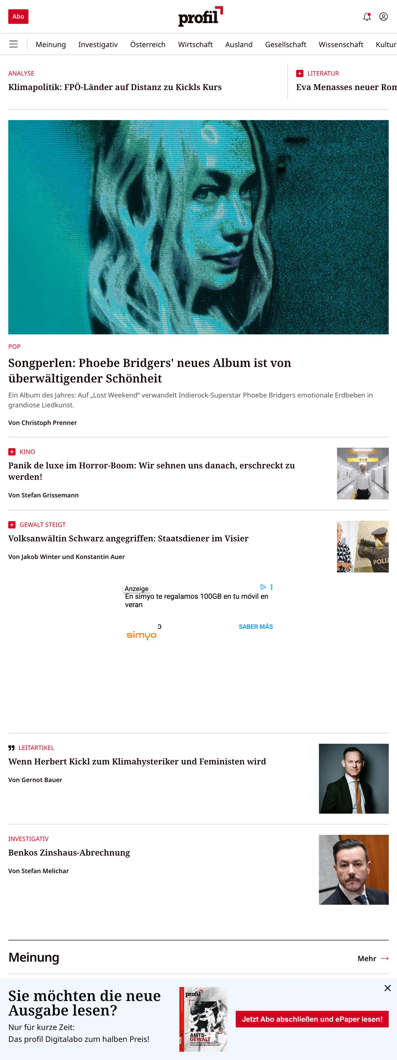 Screenshot of the profil front page