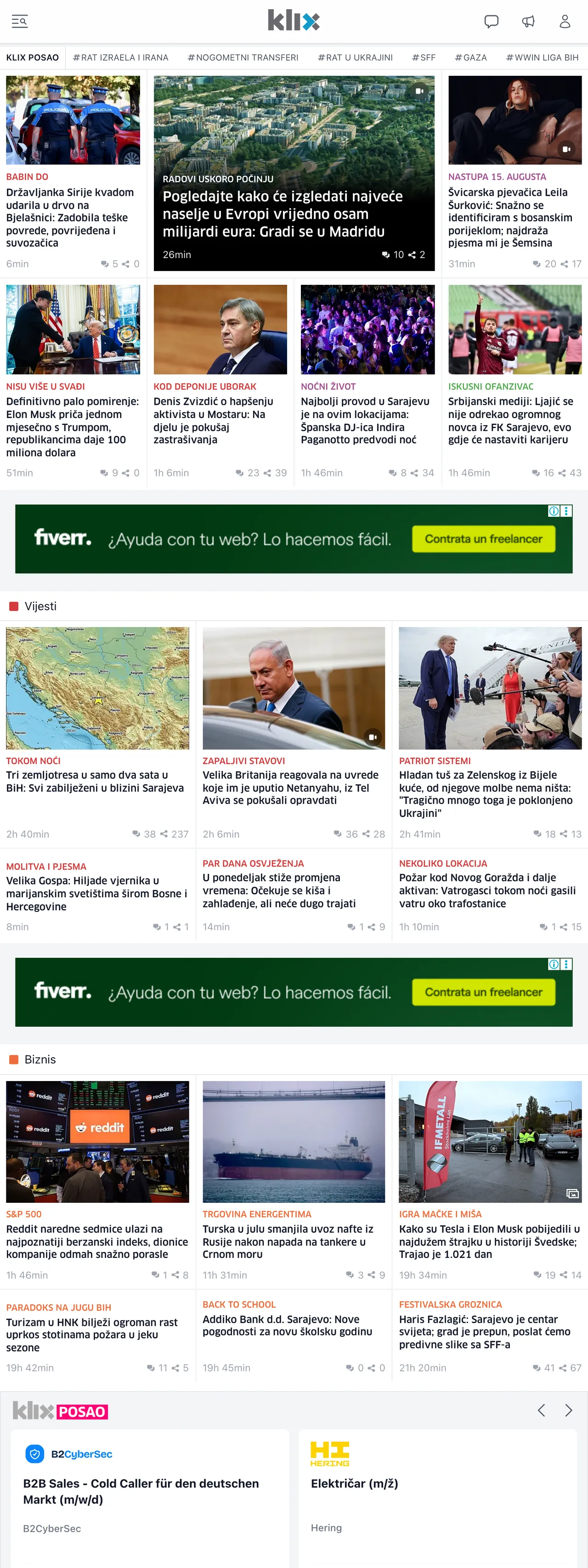 Screenshot of the Klix.ba front page