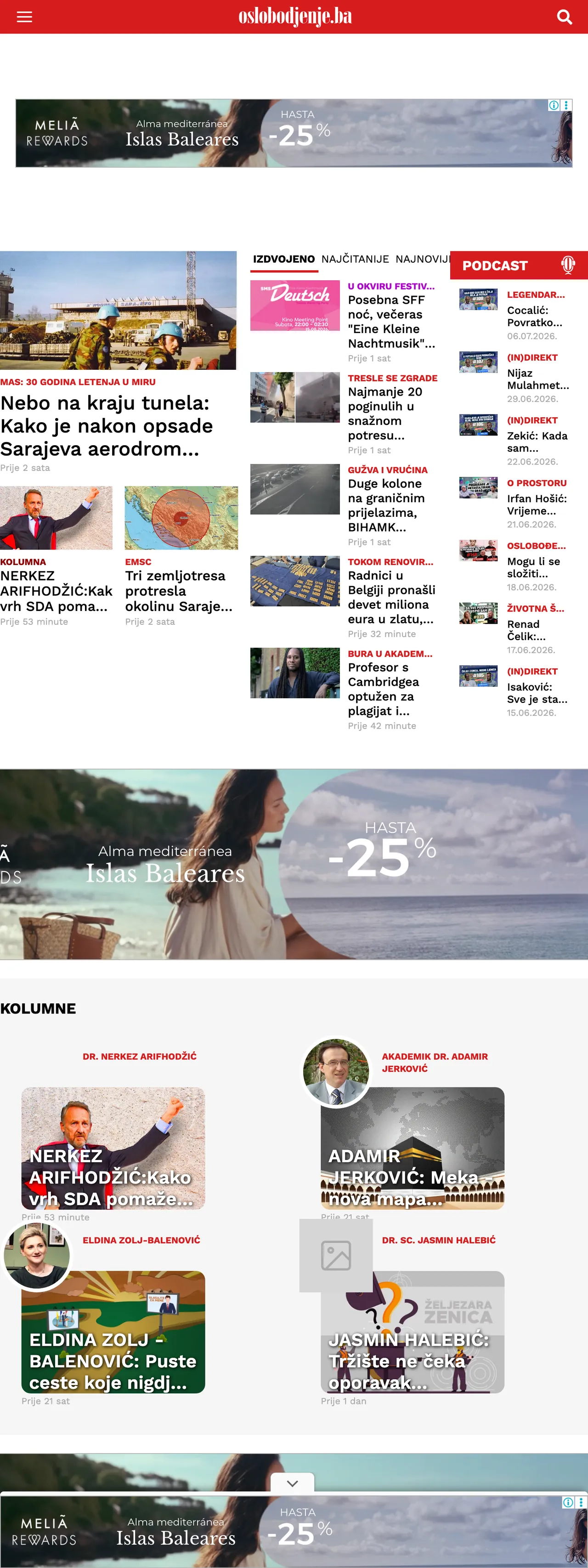 Screenshot of the Oslobođenje front page