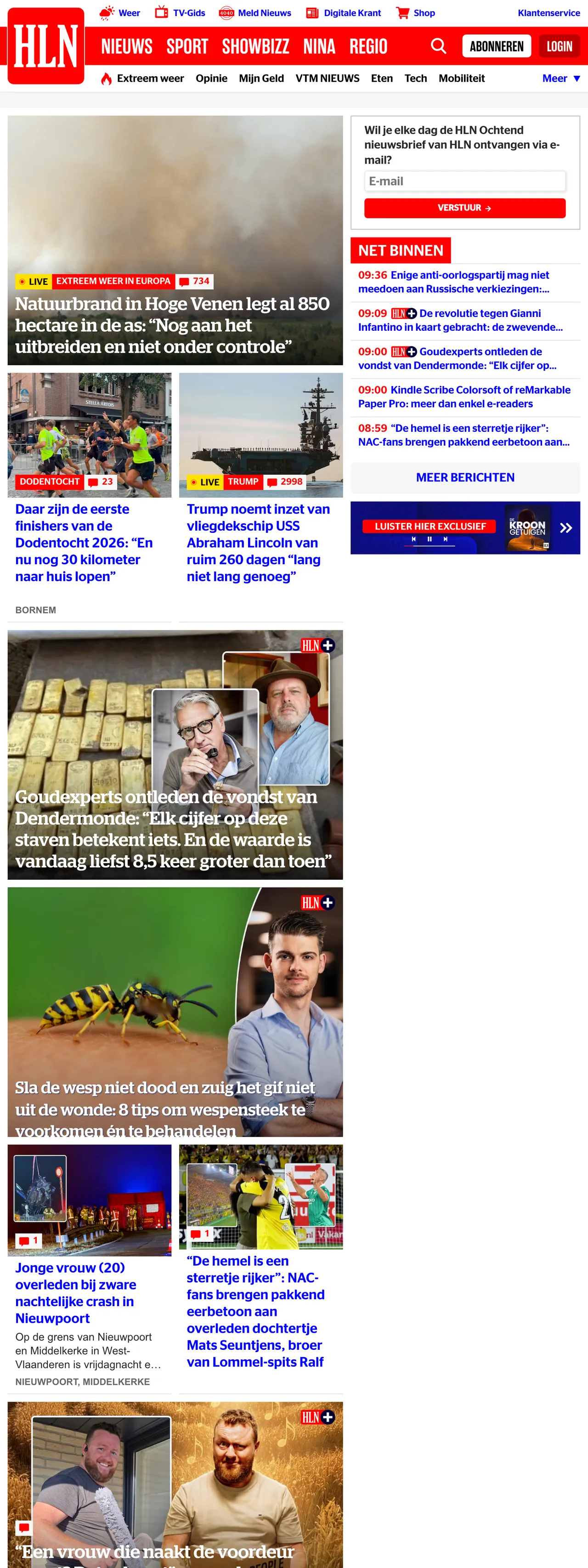 Screenshot of the HLN front page
