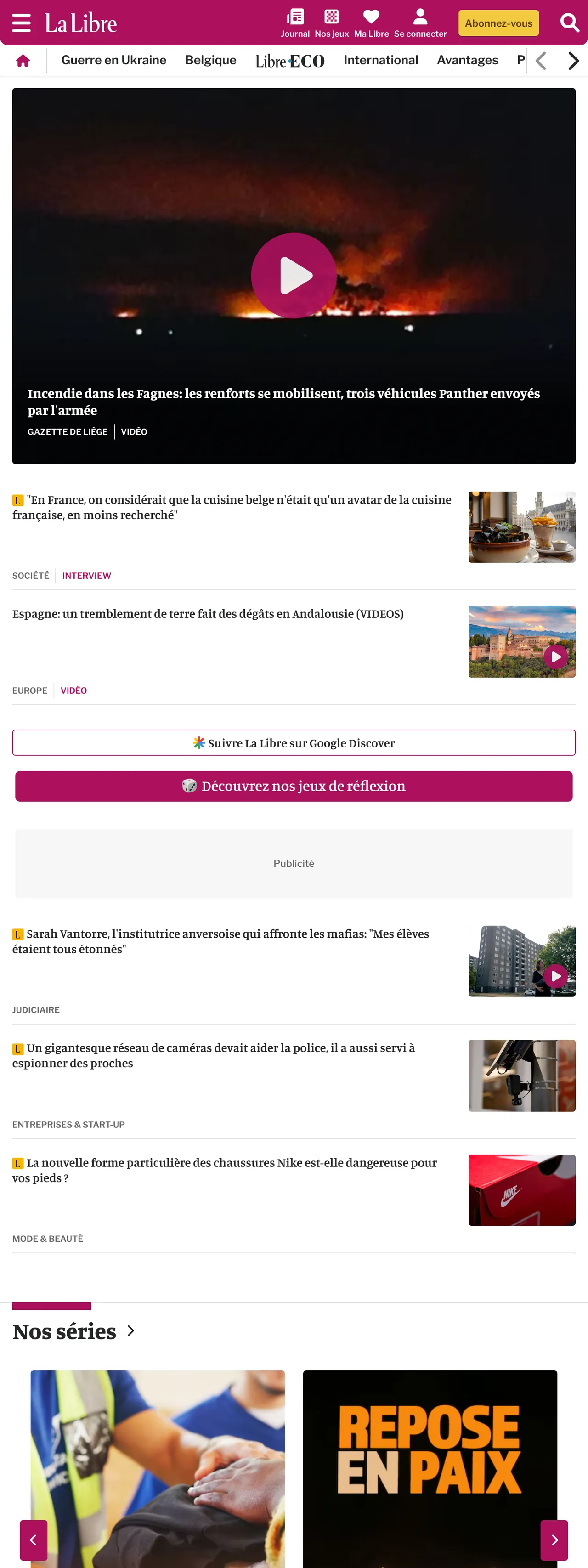 Screenshot of the La Libre front page