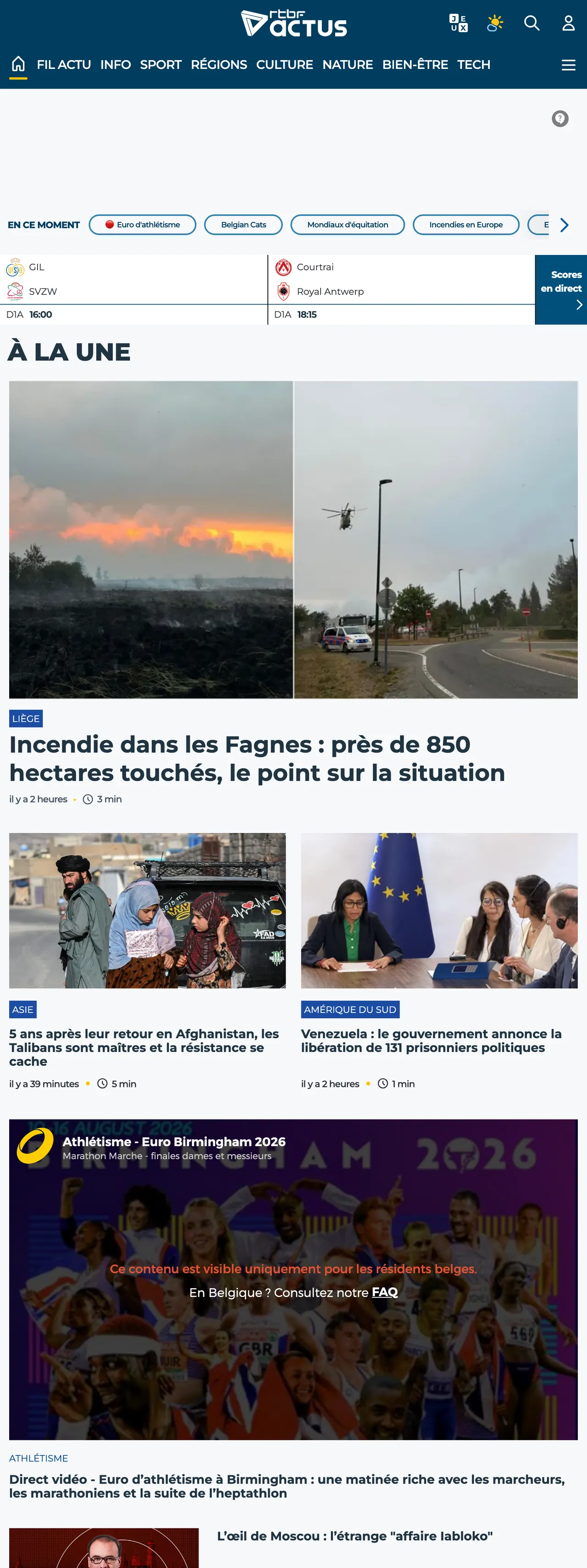 Screenshot of the RTBF front page