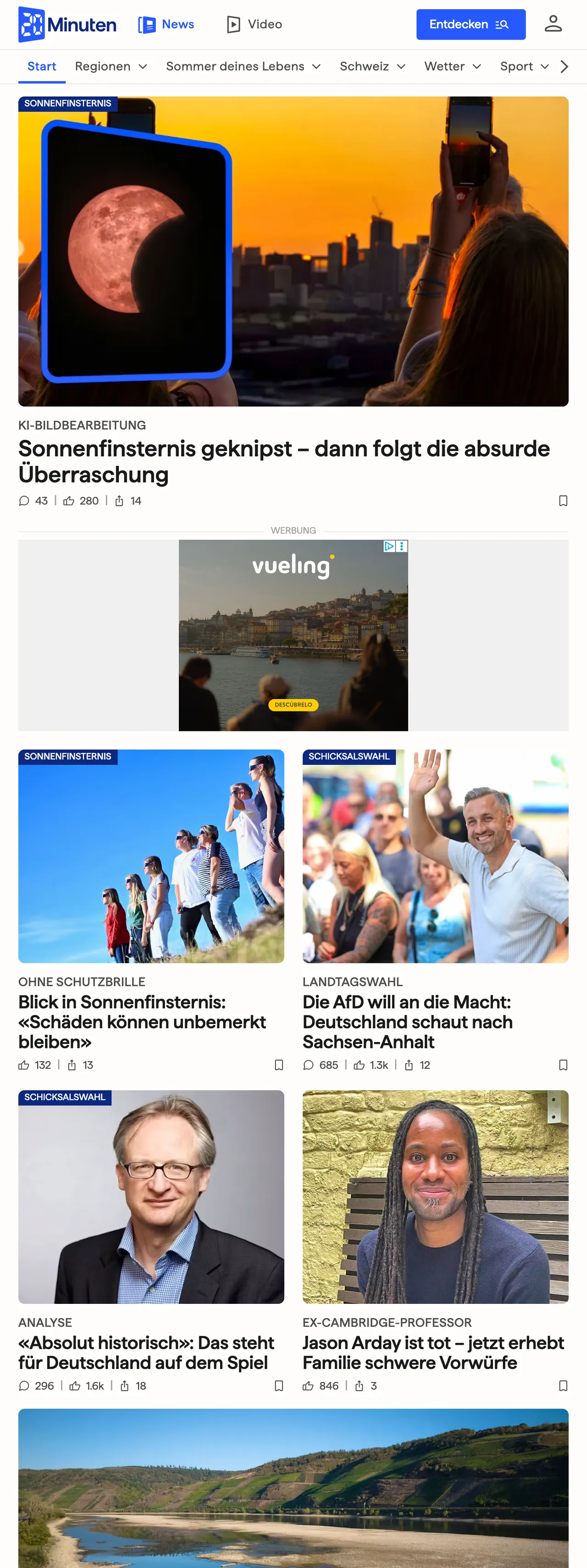 Screenshot of the 20 Minuten front page