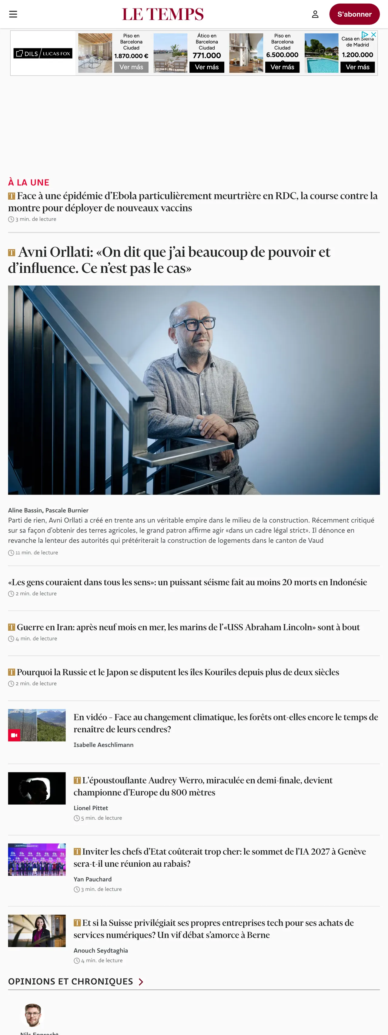 Screenshot of the Le Temps front page