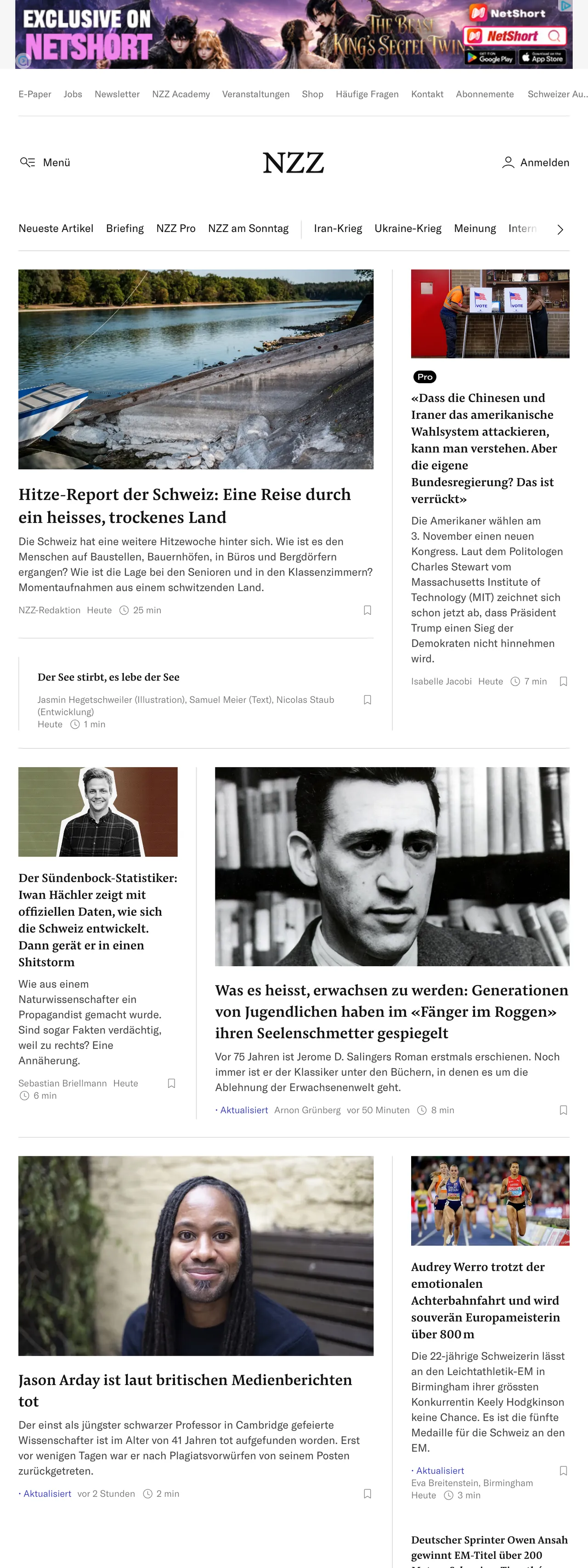 Screenshot of the Neue Zürcher Zeitung front page