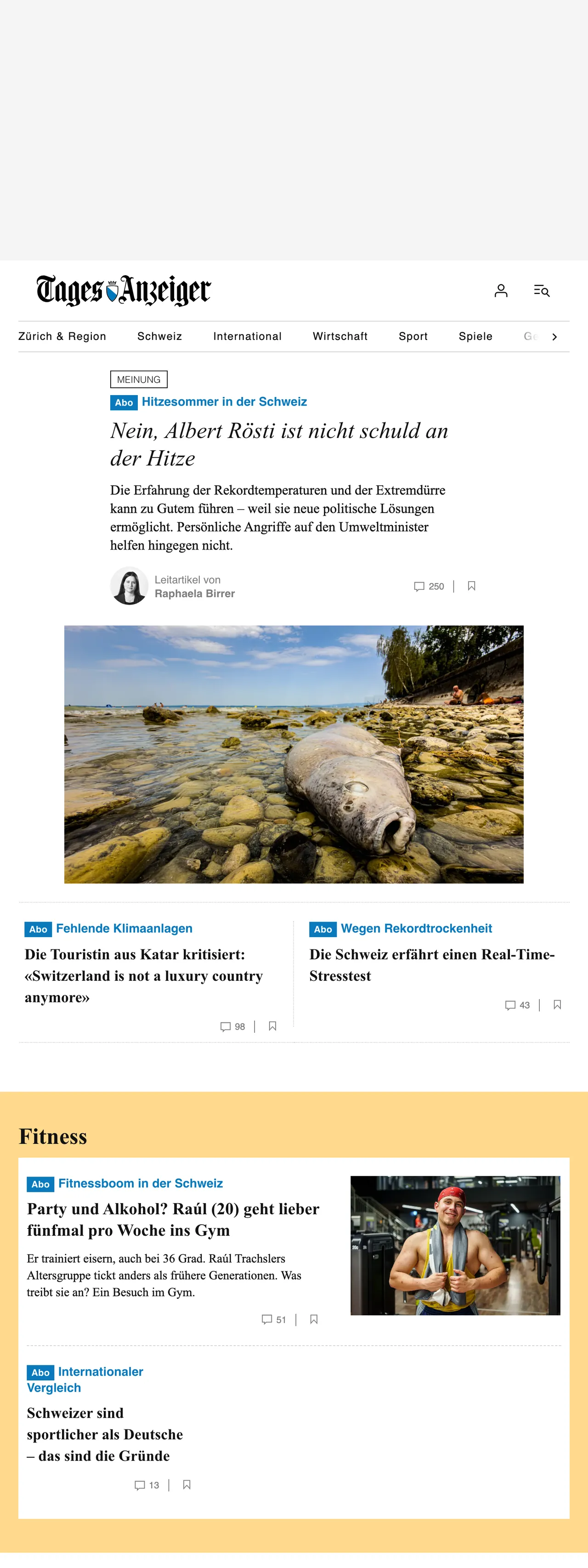 Screenshot of the Tages-Anzeiger front page