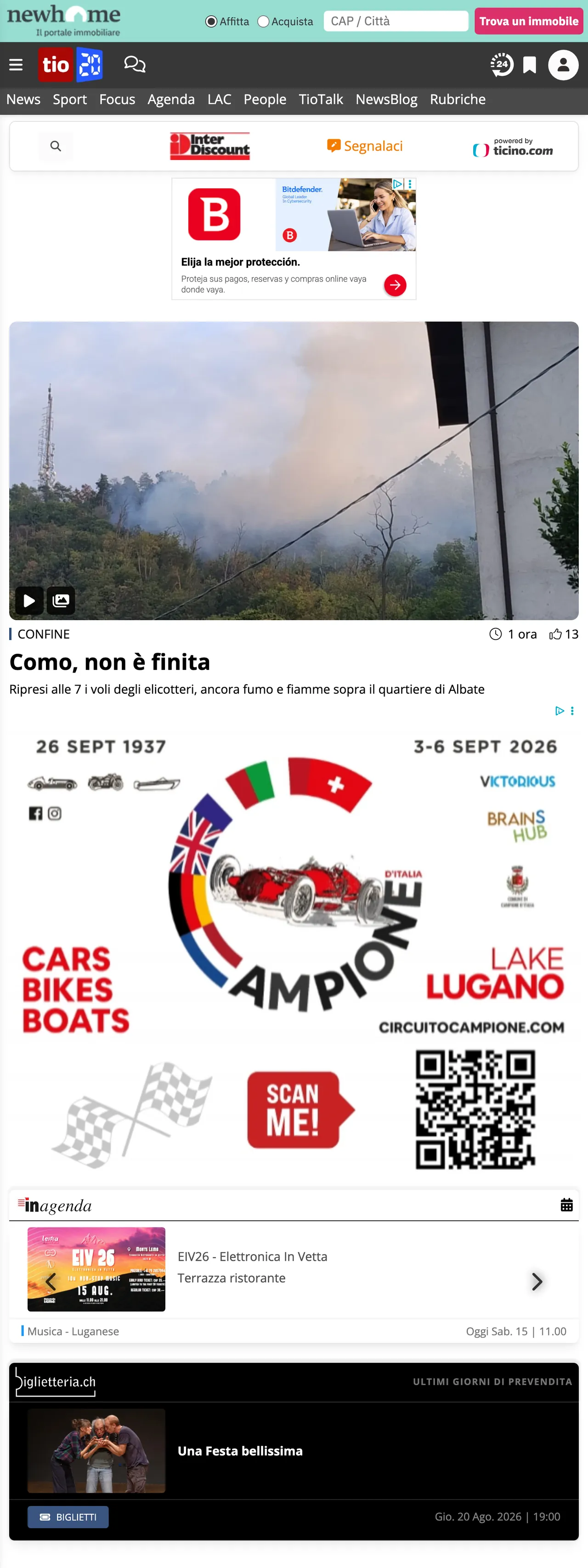 Screenshot of the Ticinonline front page