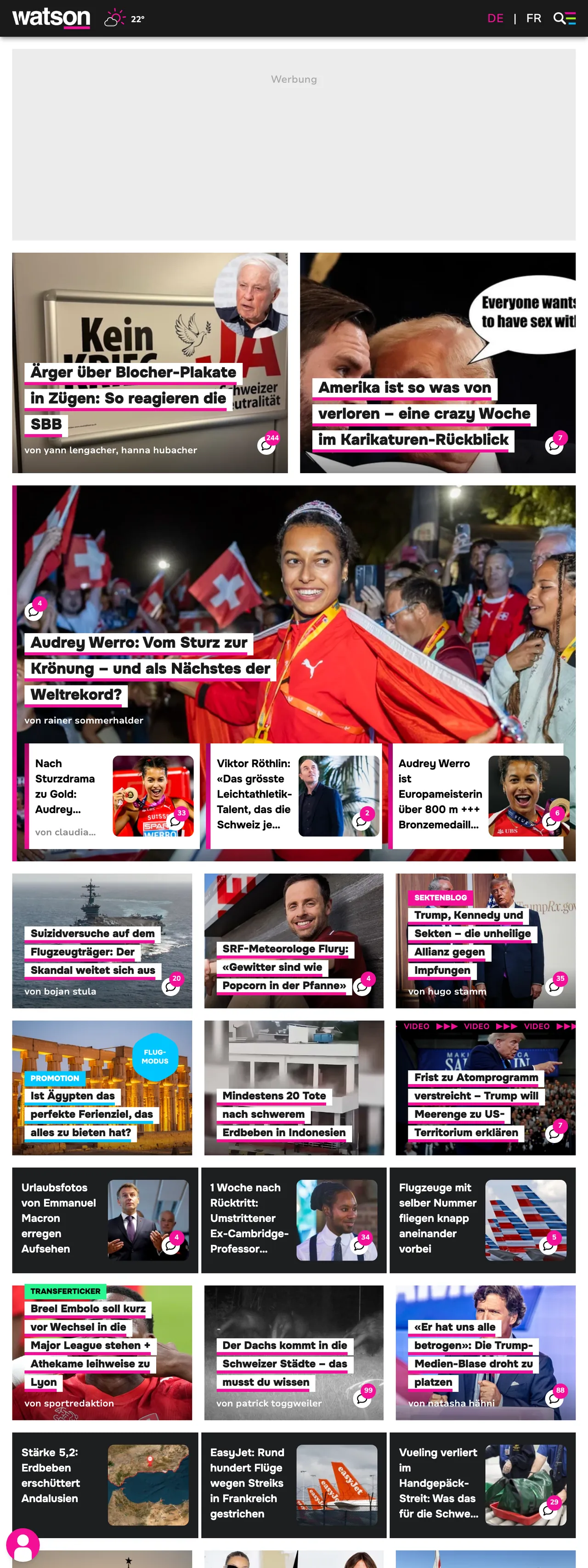 Screenshot of the watson front page