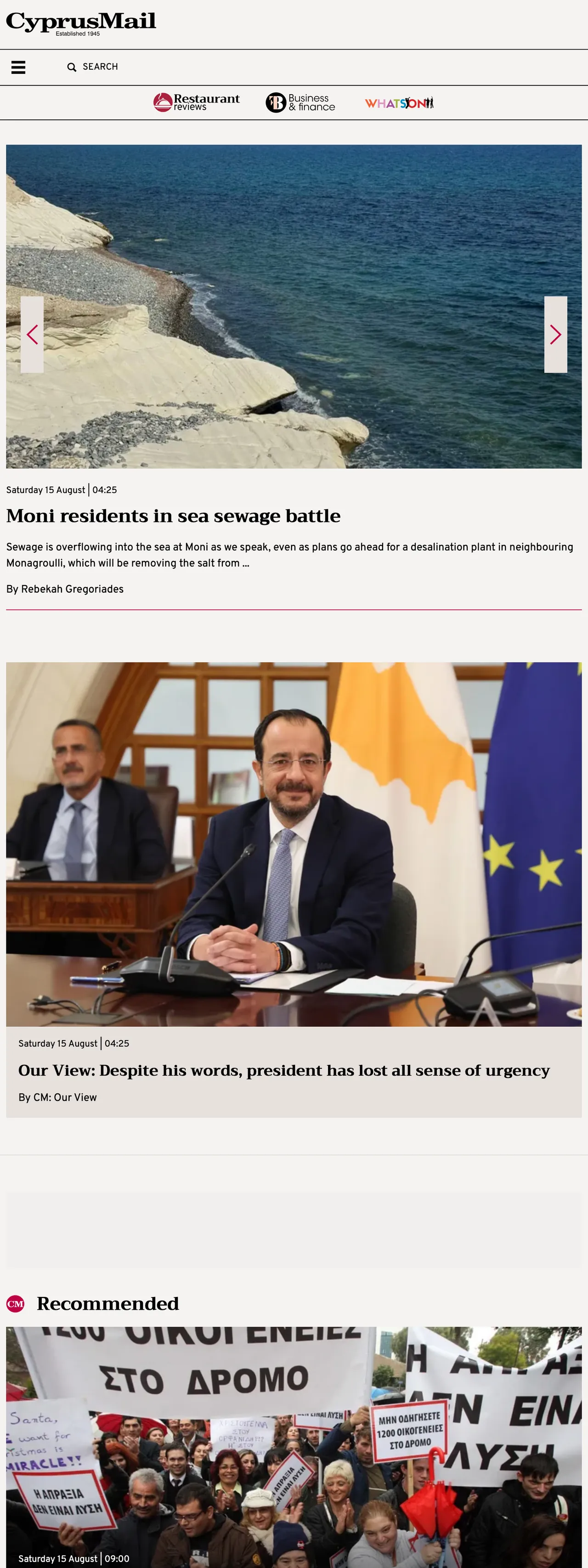 Screenshot of the Cyprus Mail front page