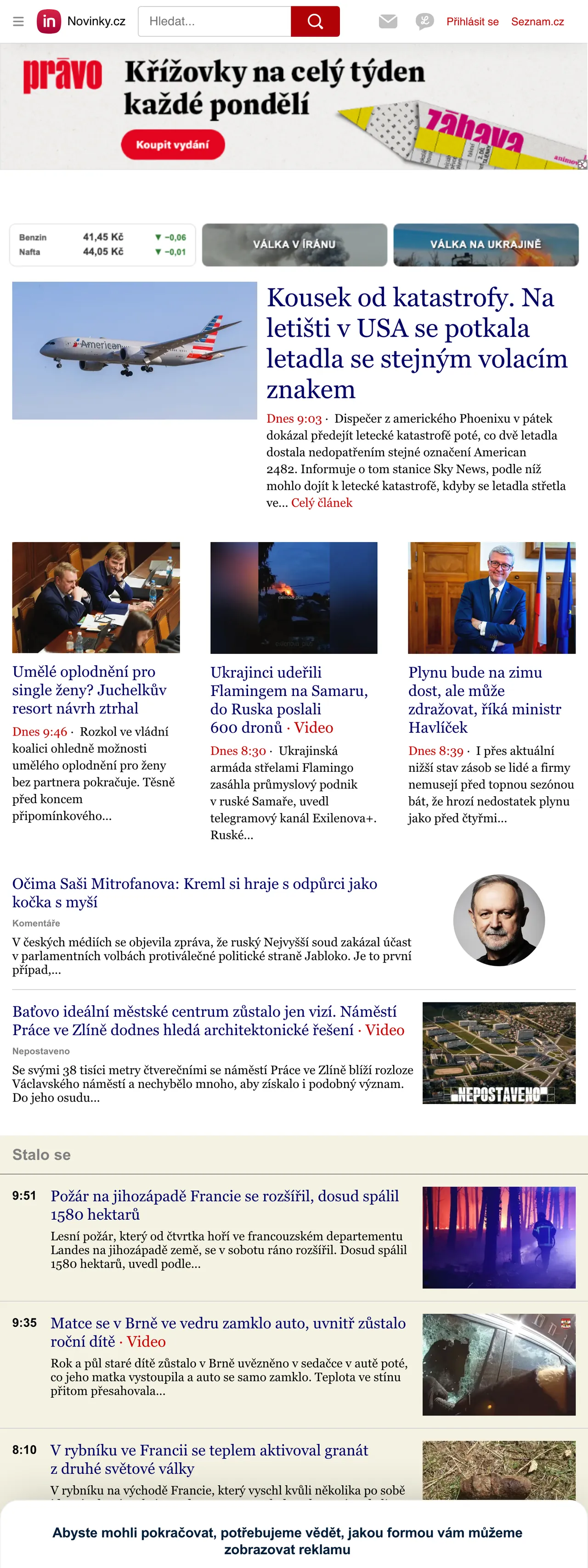 Screenshot of the Novinky.cz front page