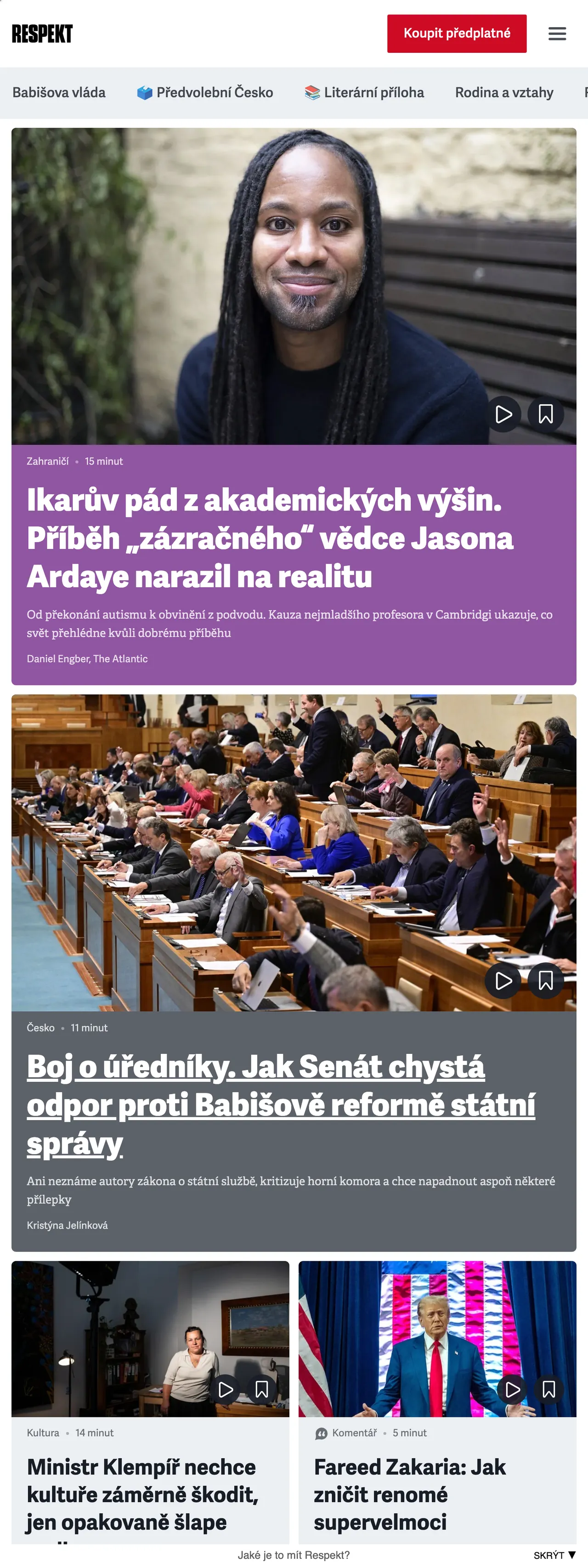 Screenshot of the Respekt front page