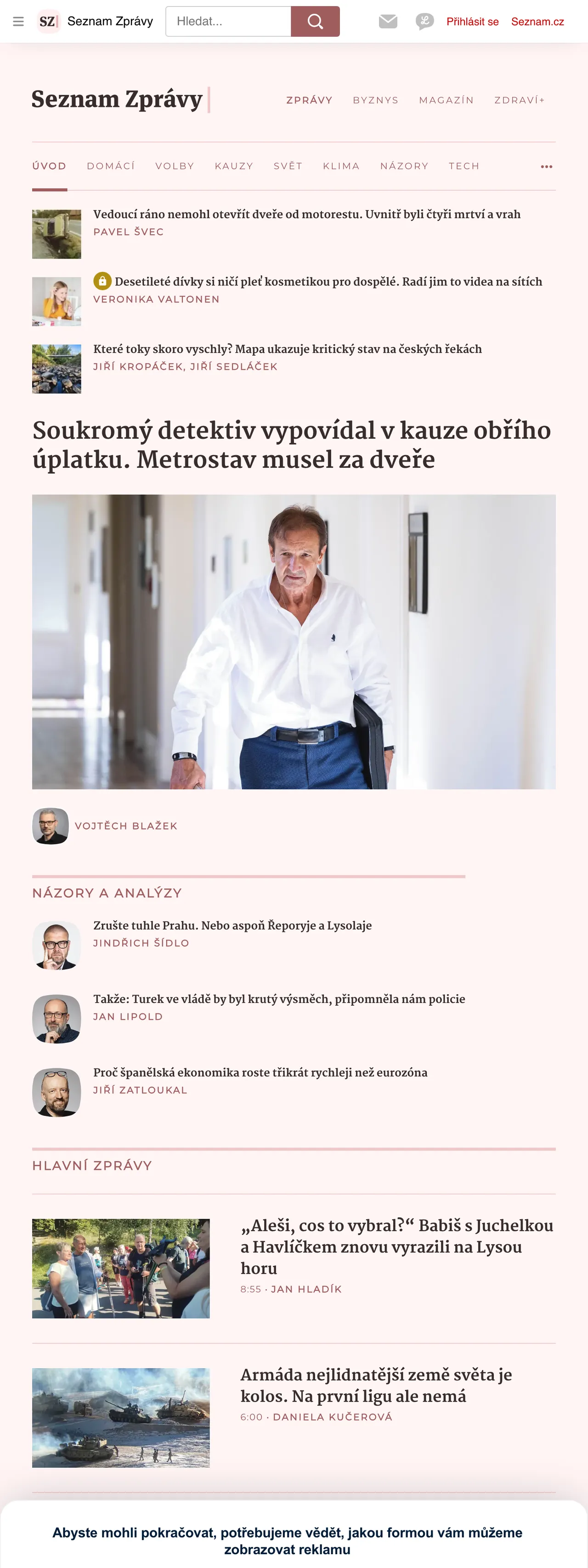 Screenshot of the Seznam Zprávy front page