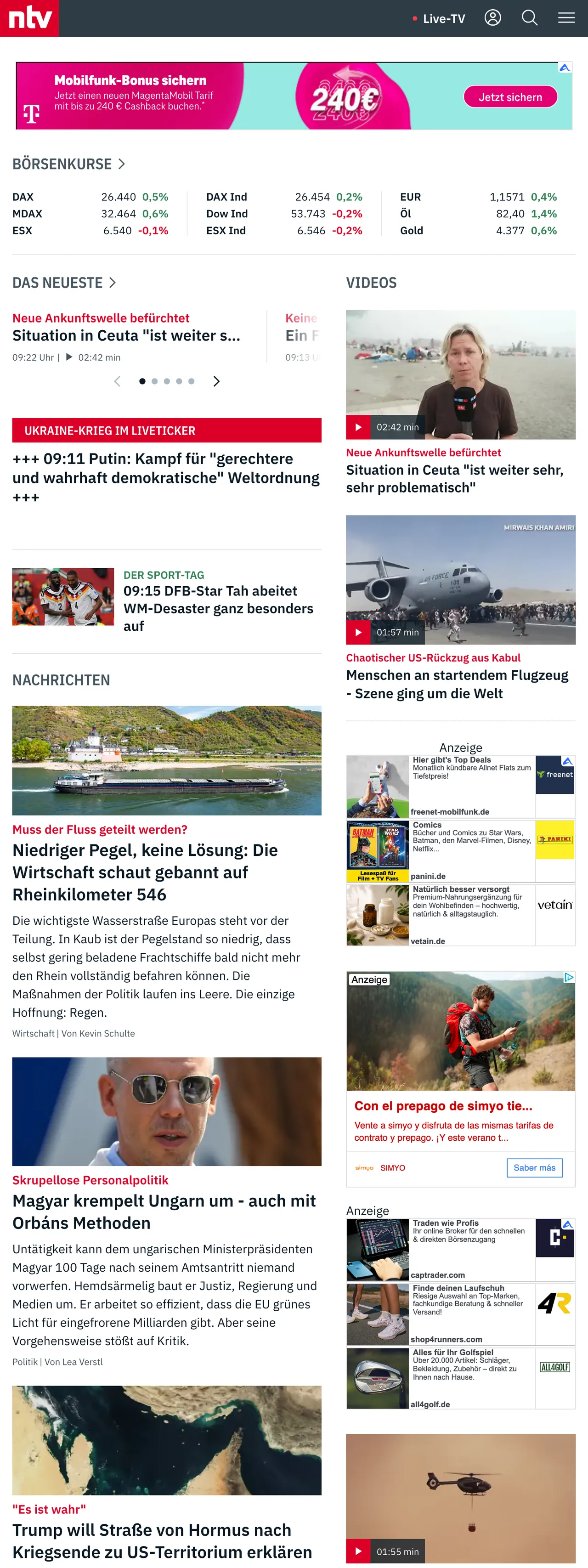 Screenshot of the n-tv front page