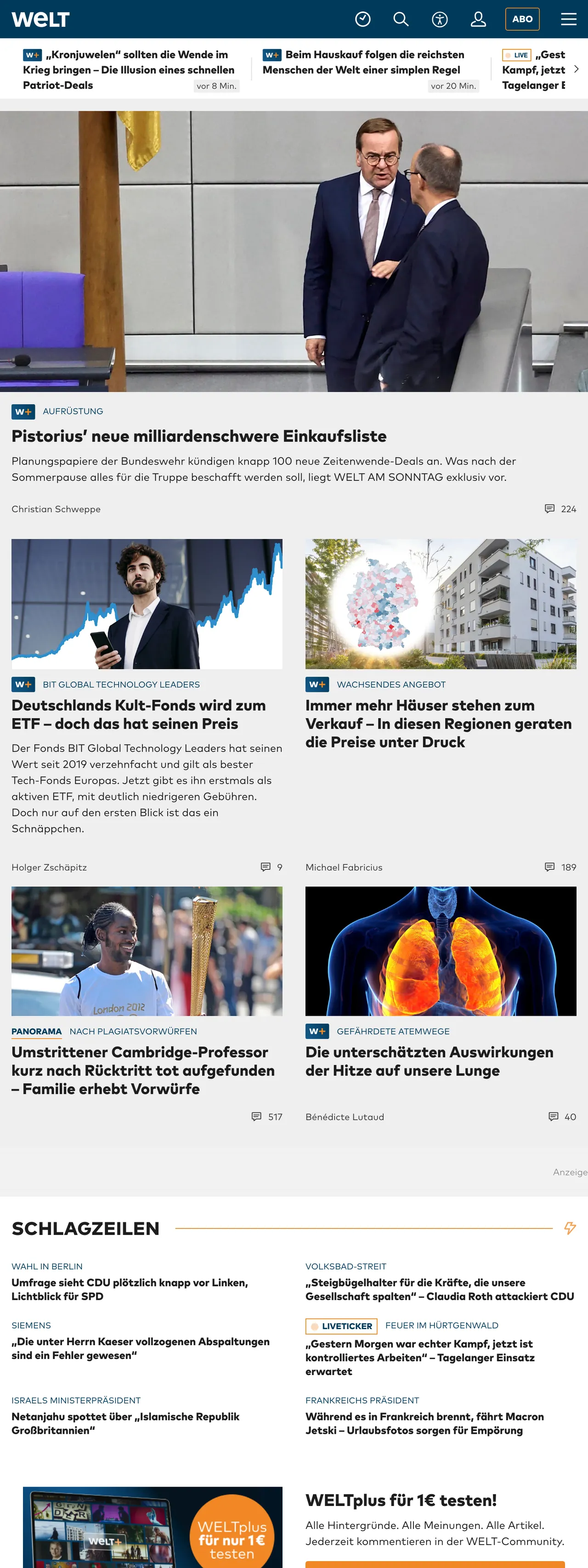 Screenshot of the WELT front page