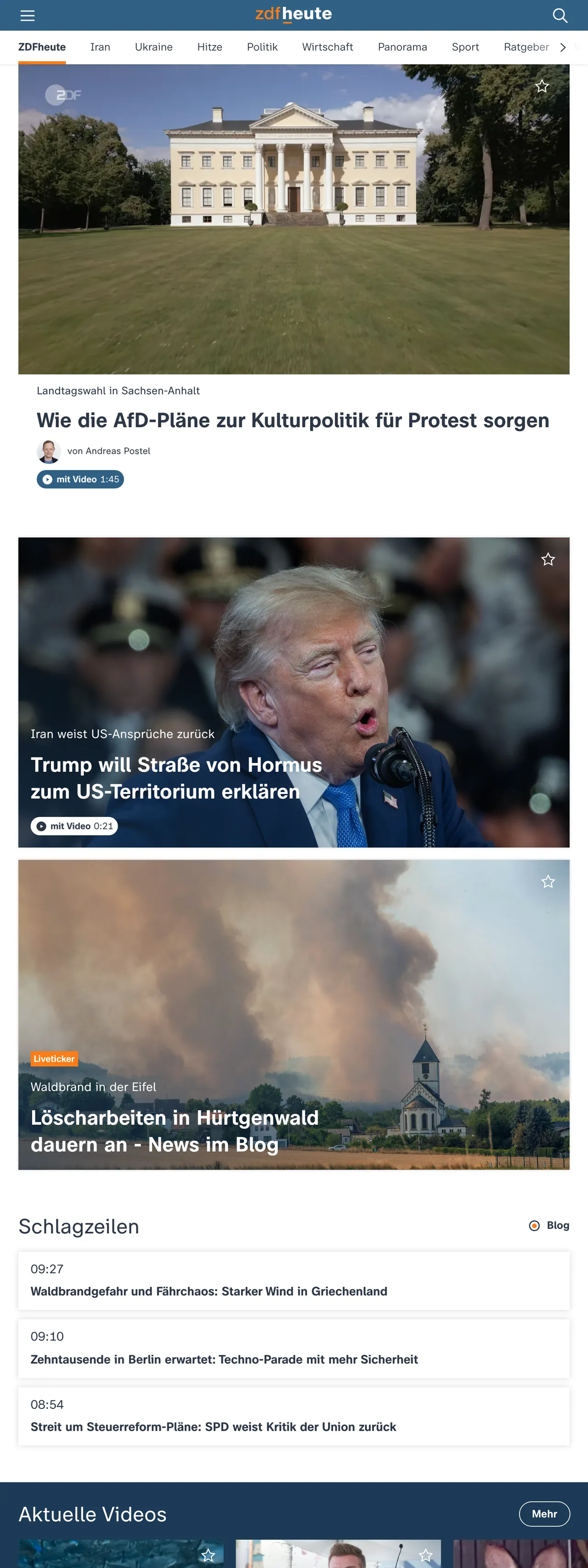 Screenshot of the ZDFheute front page
