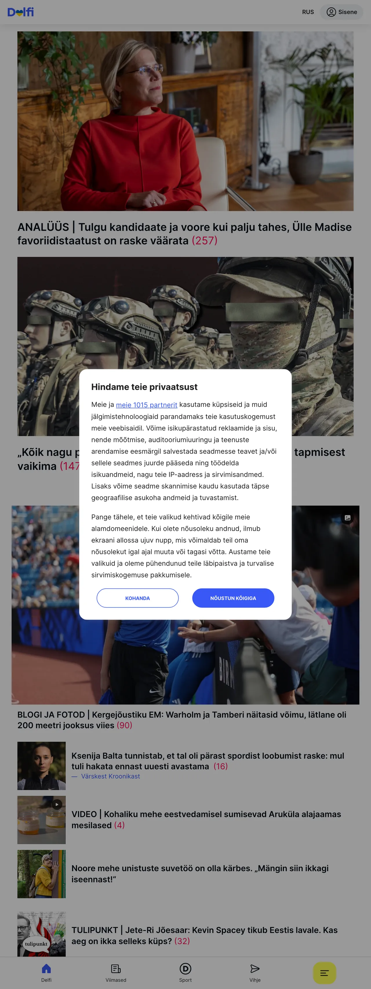 Screenshot of the Delfi front page