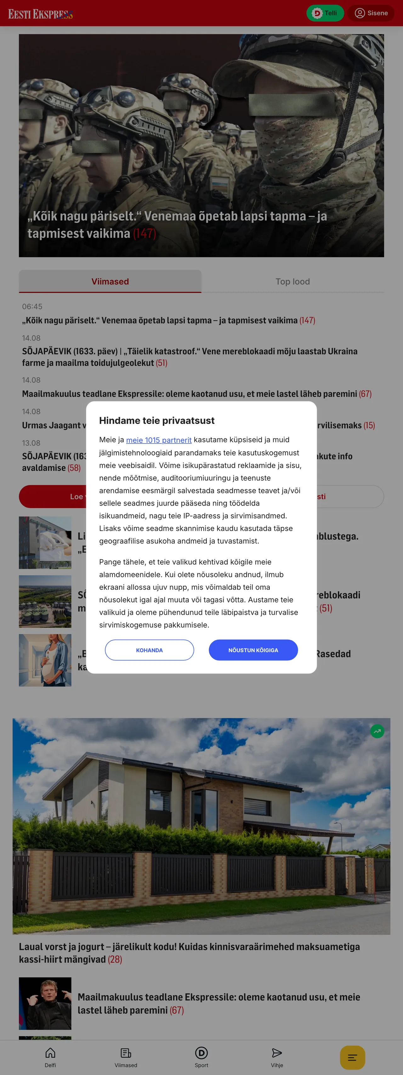 Screenshot of the Eesti Ekspress front page