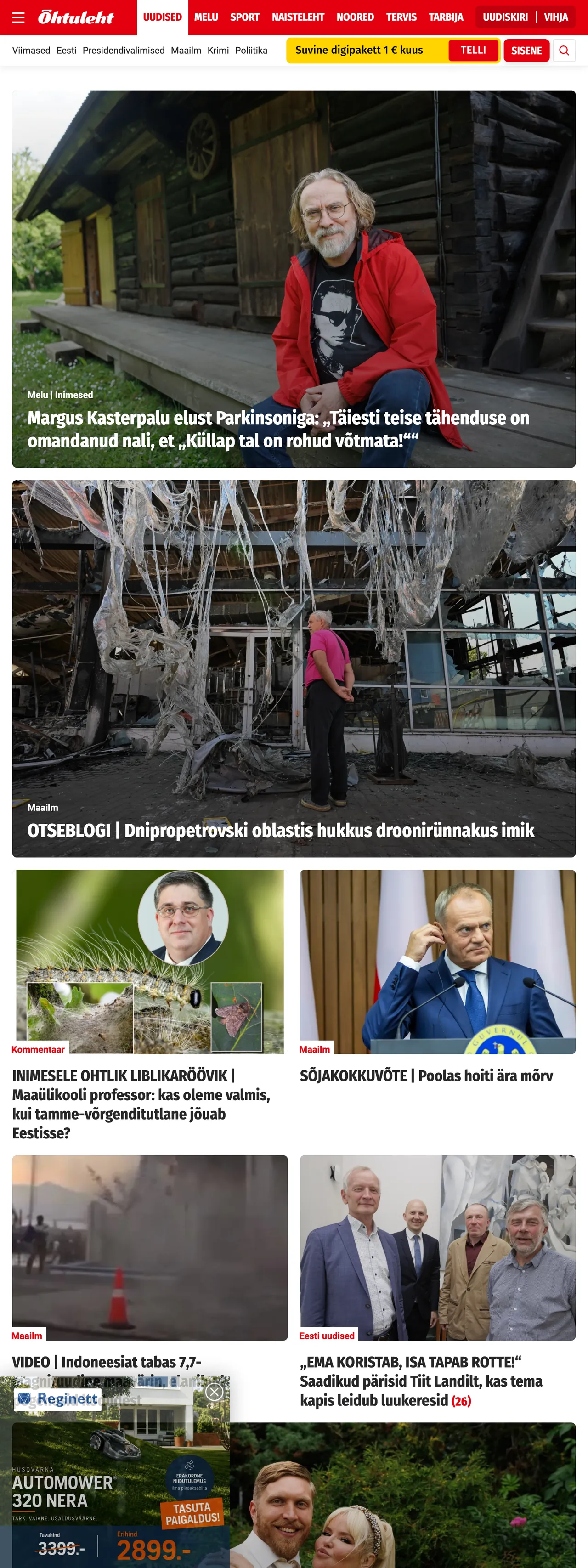 Screenshot of the Õhtuleht front page