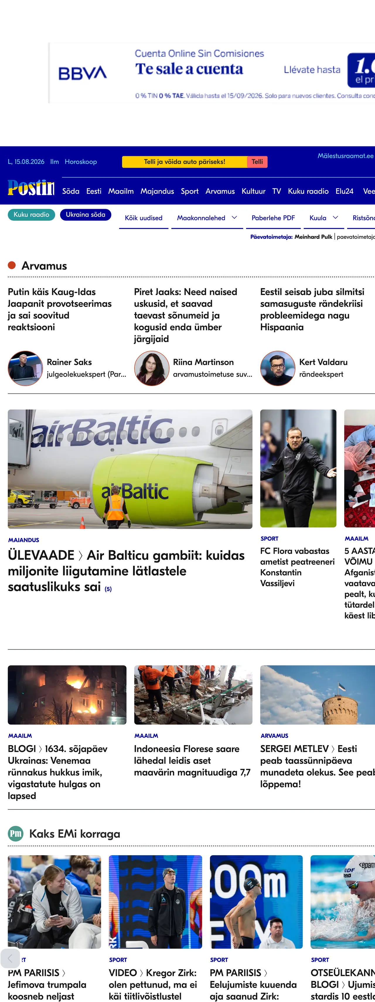 Screenshot of the Postimees front page
