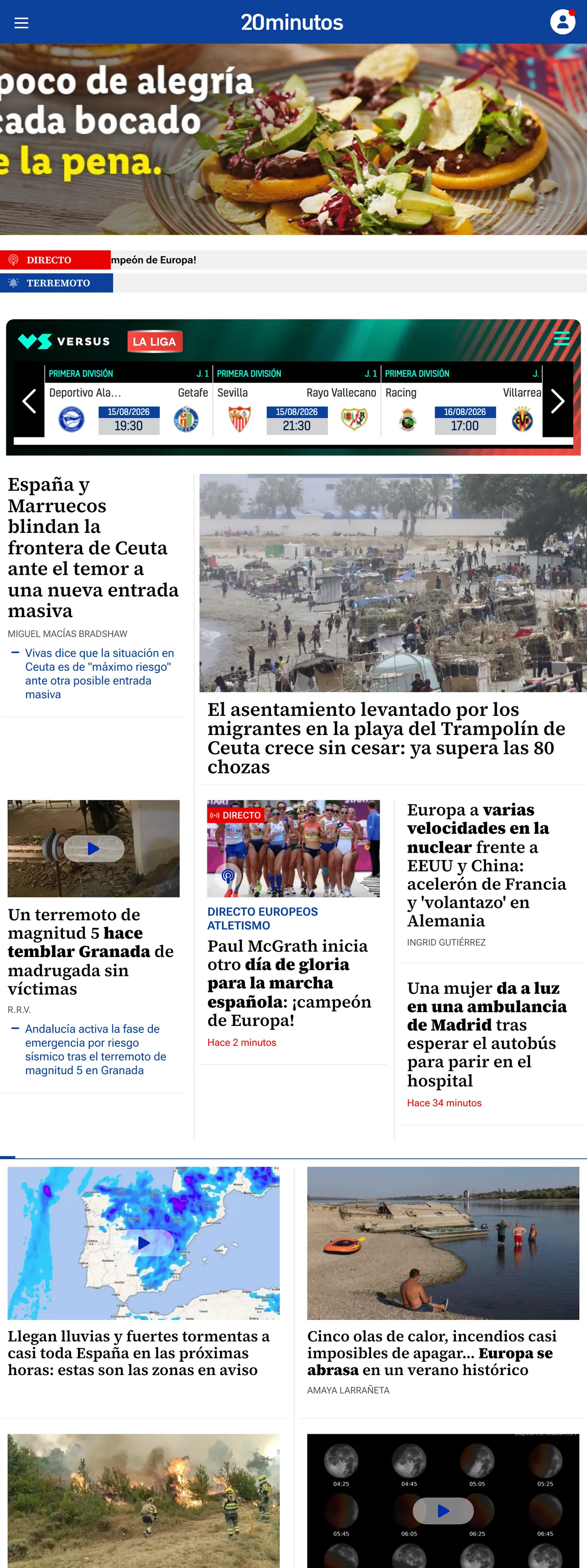 Screenshot of the 20minutos front page