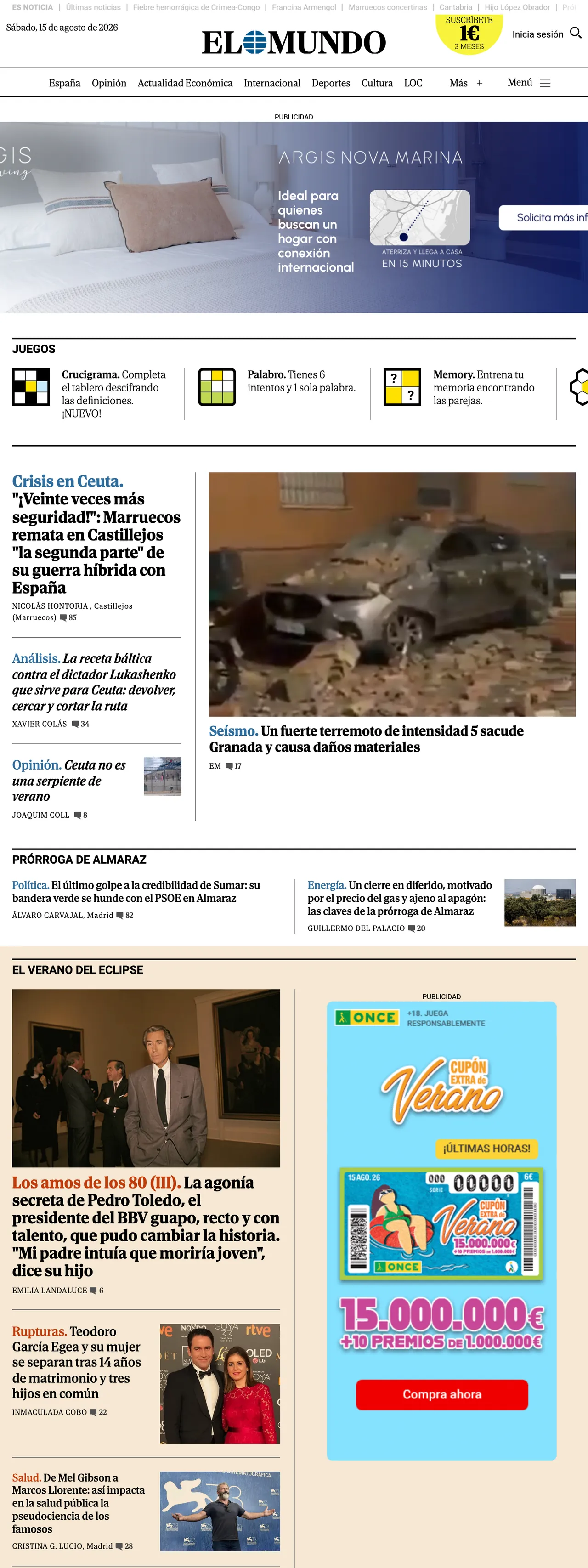 Screenshot of the El Mundo front page