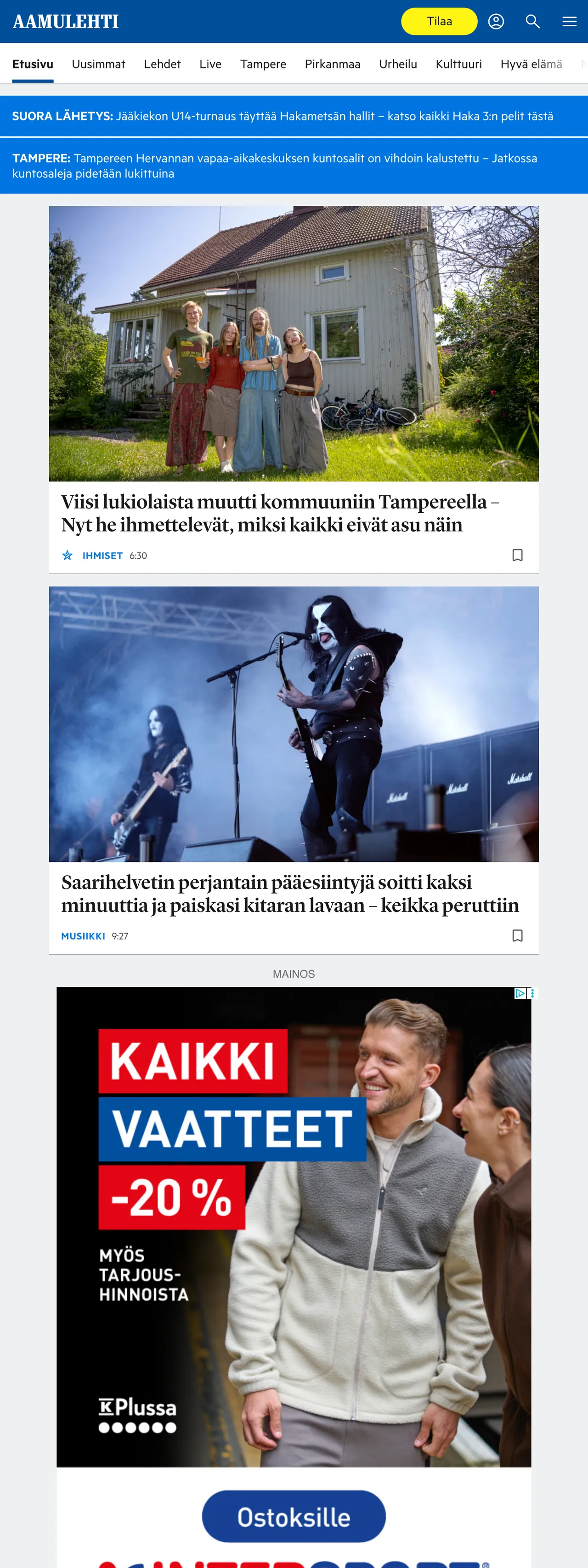 Screenshot of the Aamulehti front page