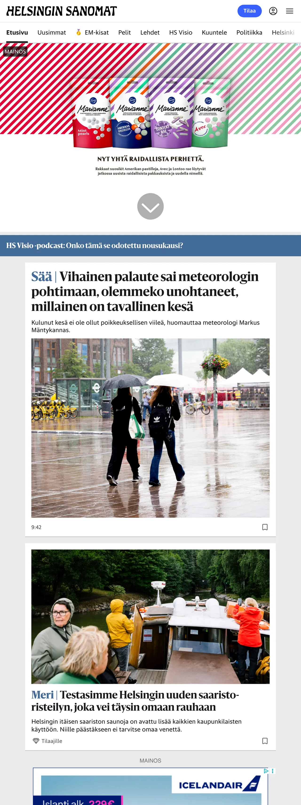 Screenshot of the Helsingin Sanomat front page