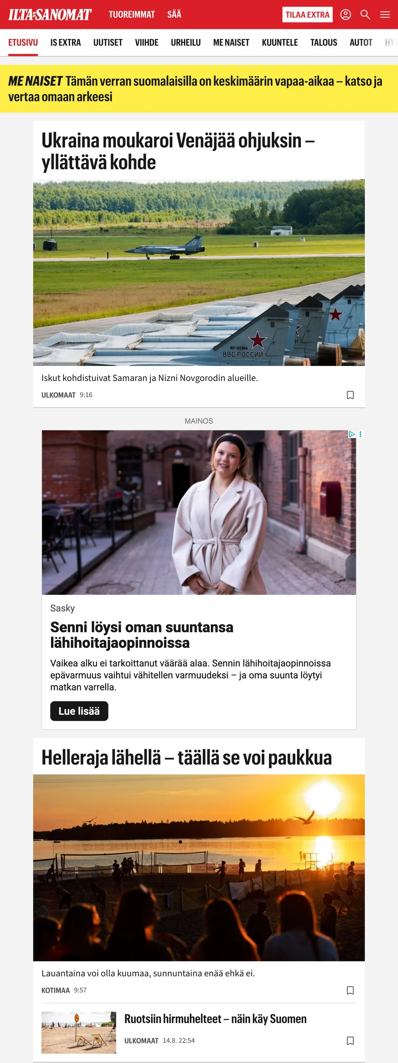 Screenshot of the Ilta-Sanomat front page
