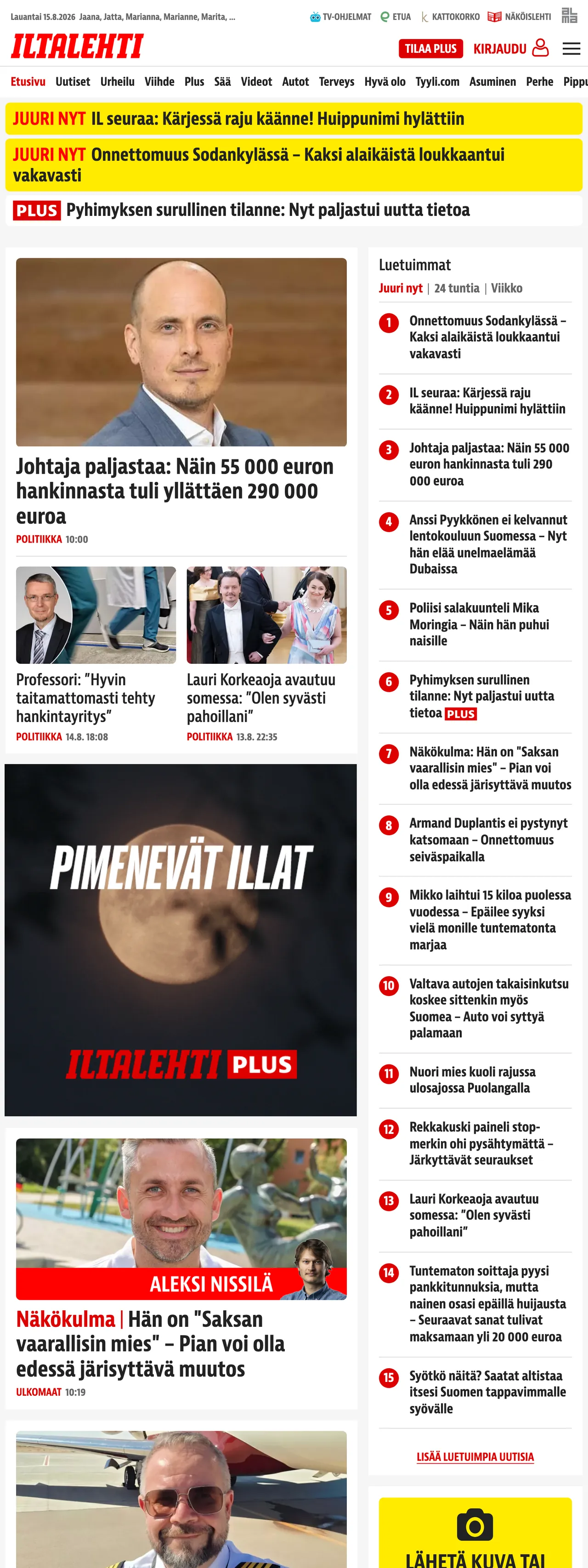 Screenshot of the Iltalehti front page