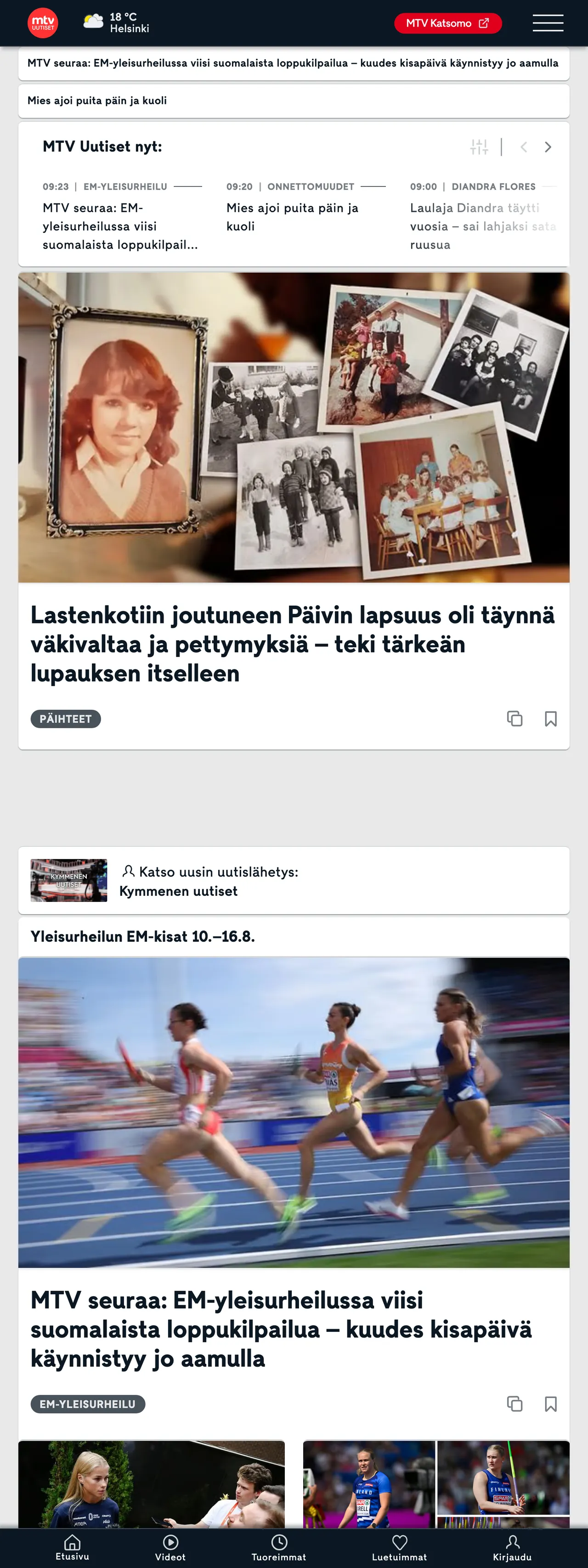 Screenshot of the MTV Uutiset front page