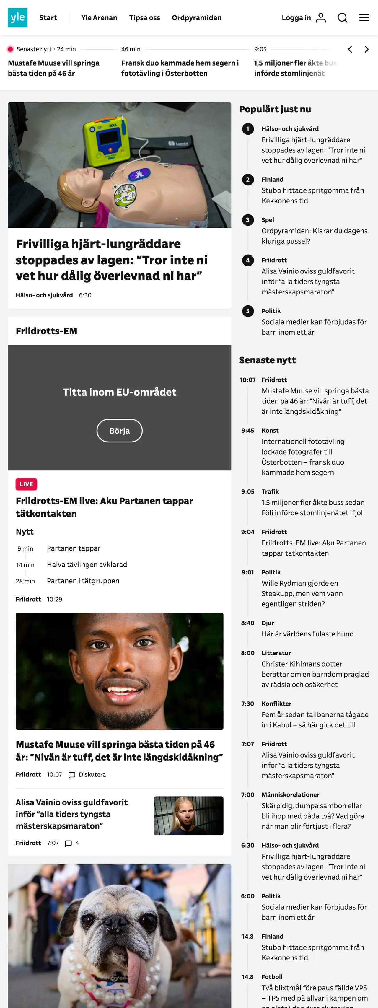 Screenshot of the Svenska Yle front page