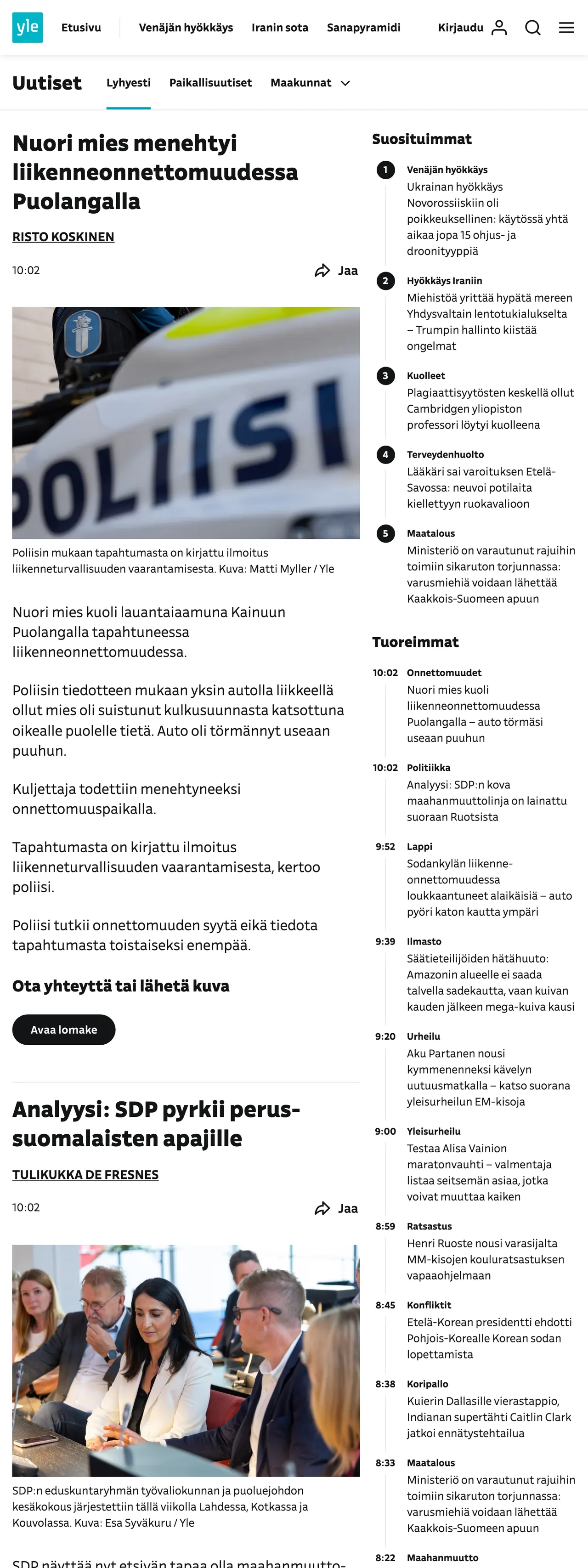 Screenshot of the Yle front page