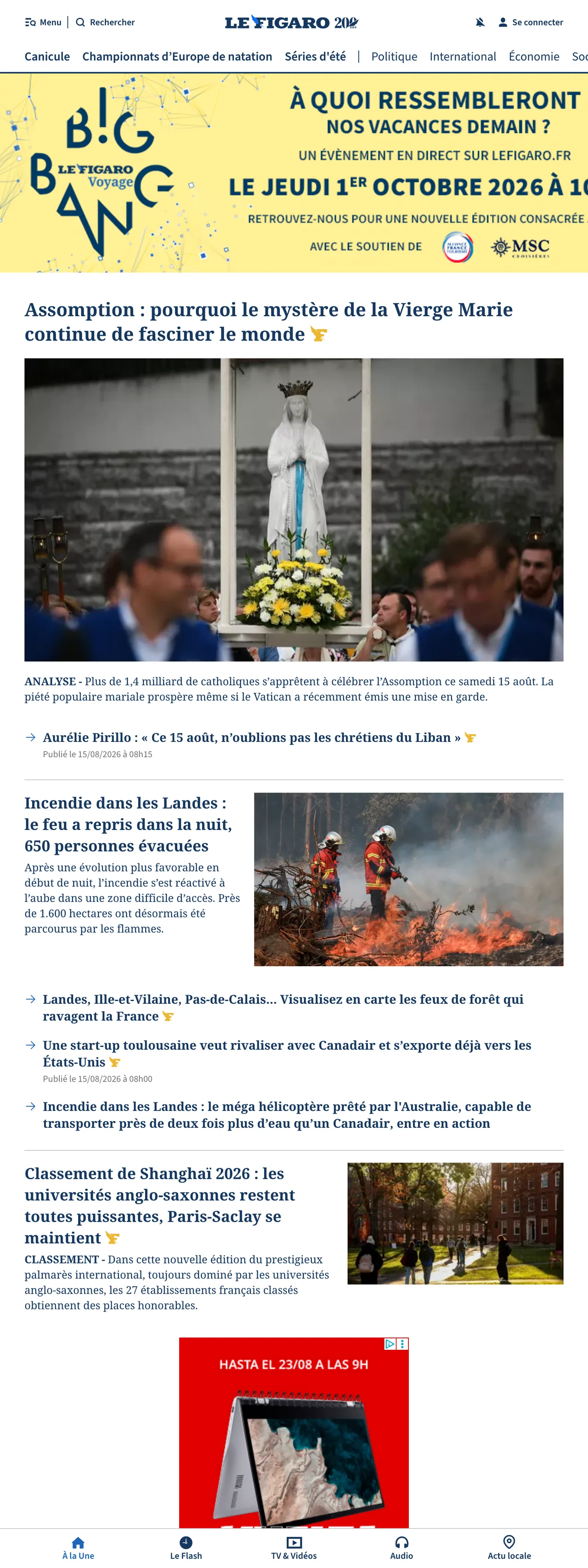 Screenshot of the Le Figaro front page