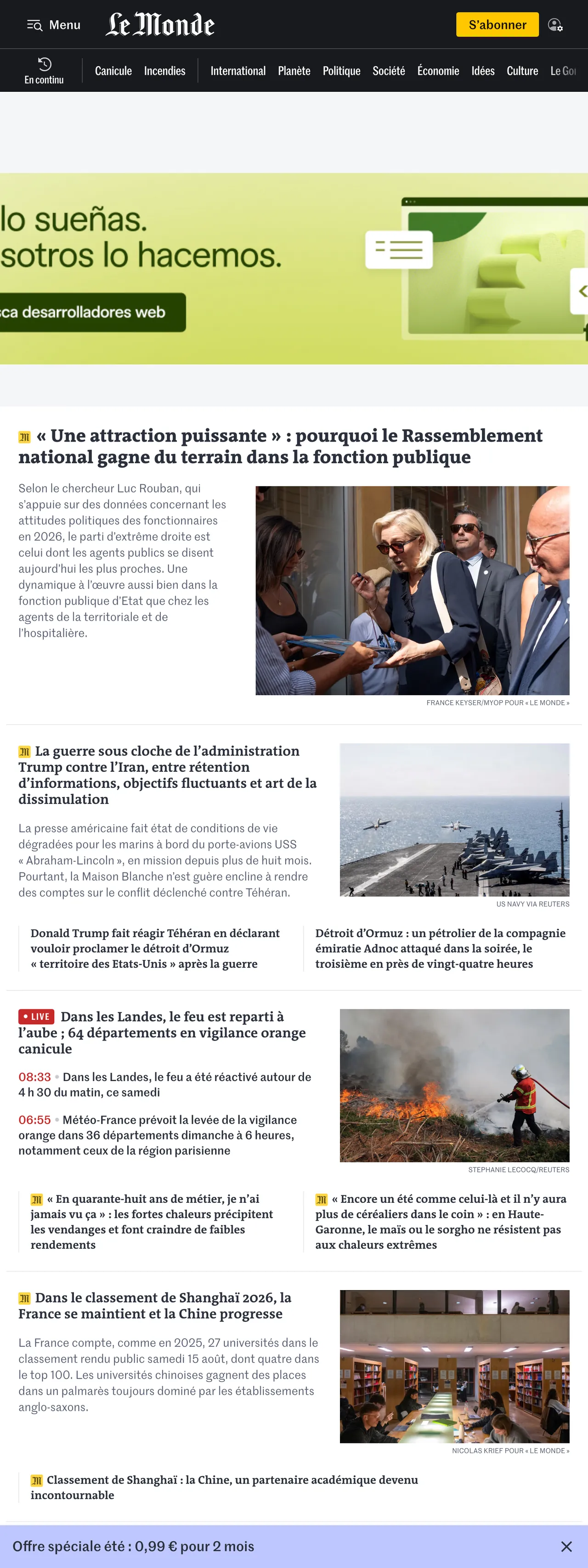 Screenshot of the Le Monde front page