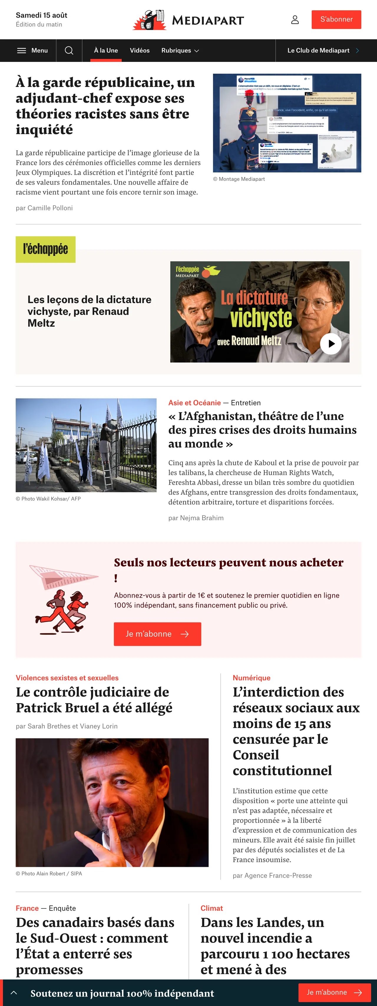 Screenshot of the Mediapart front page