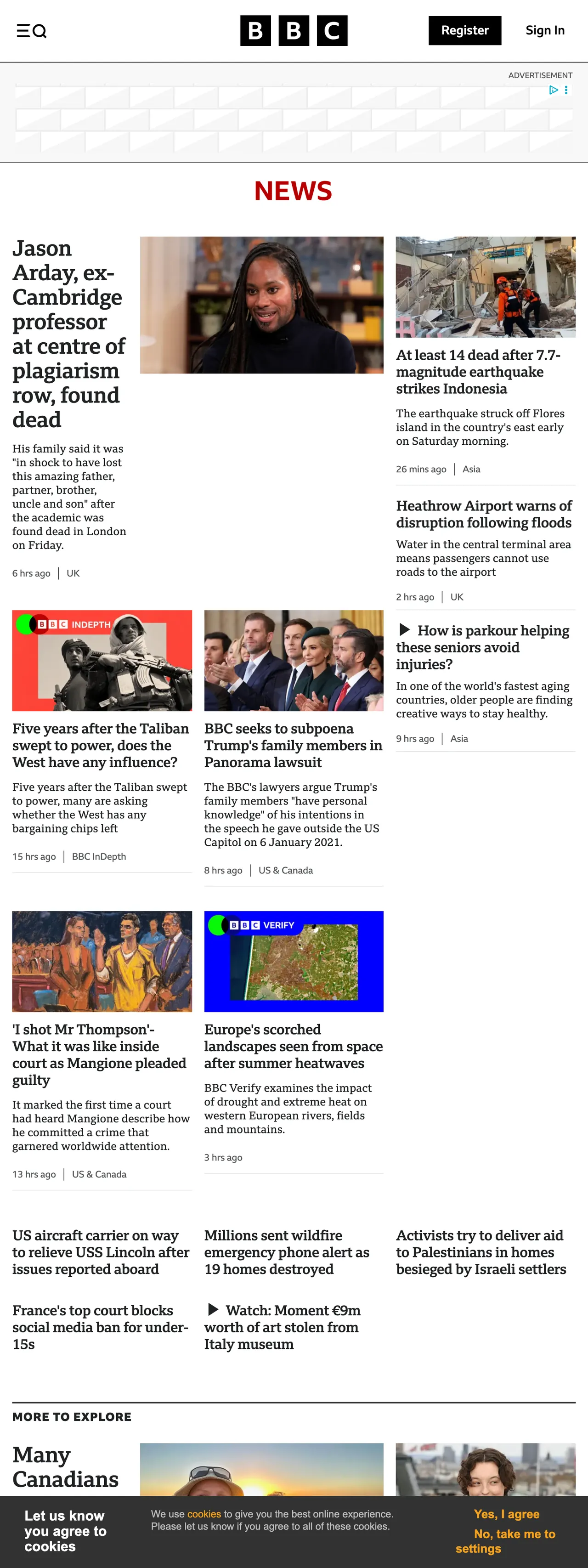Screenshot of the BBC News front page