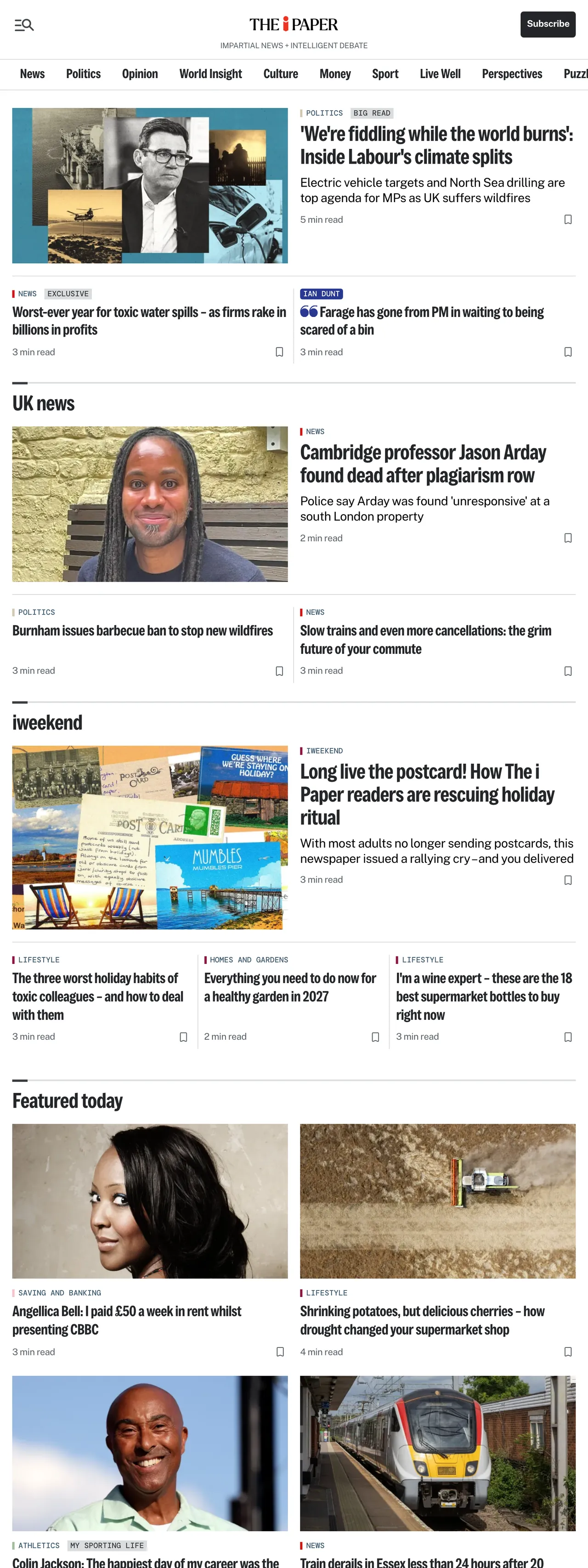 Screenshot of the The i Paper front page