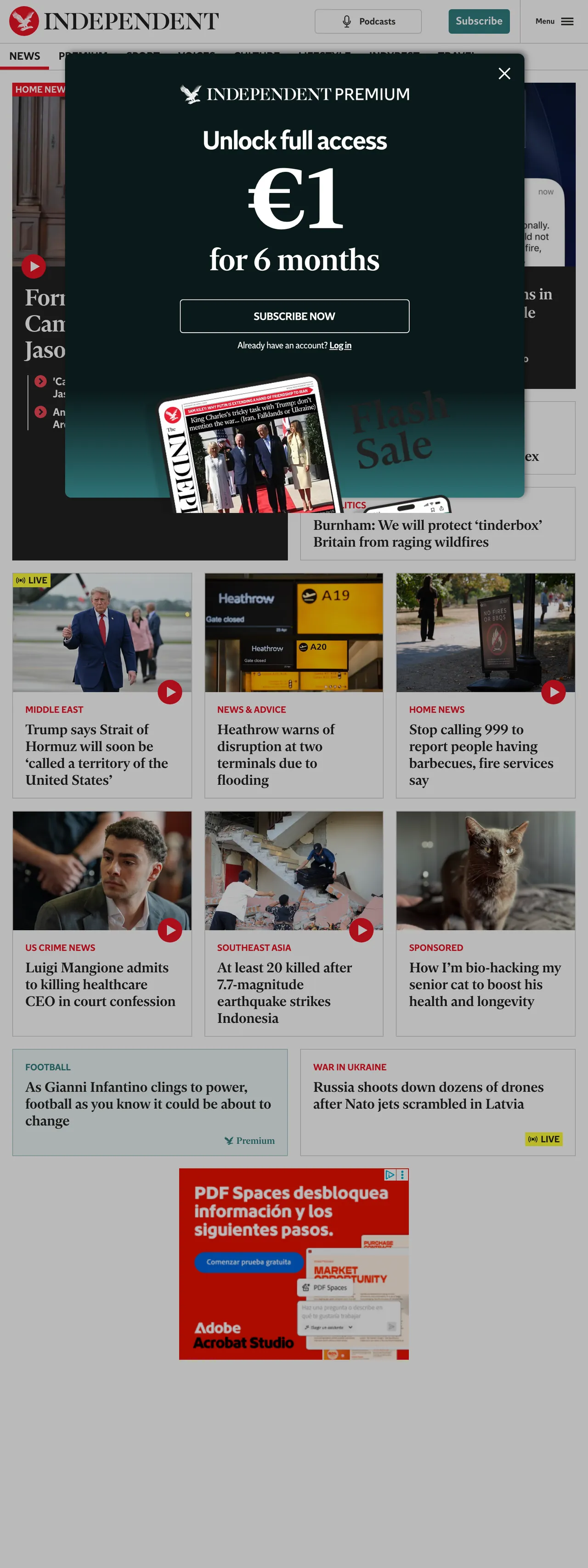 Screenshot of the The Independent front page