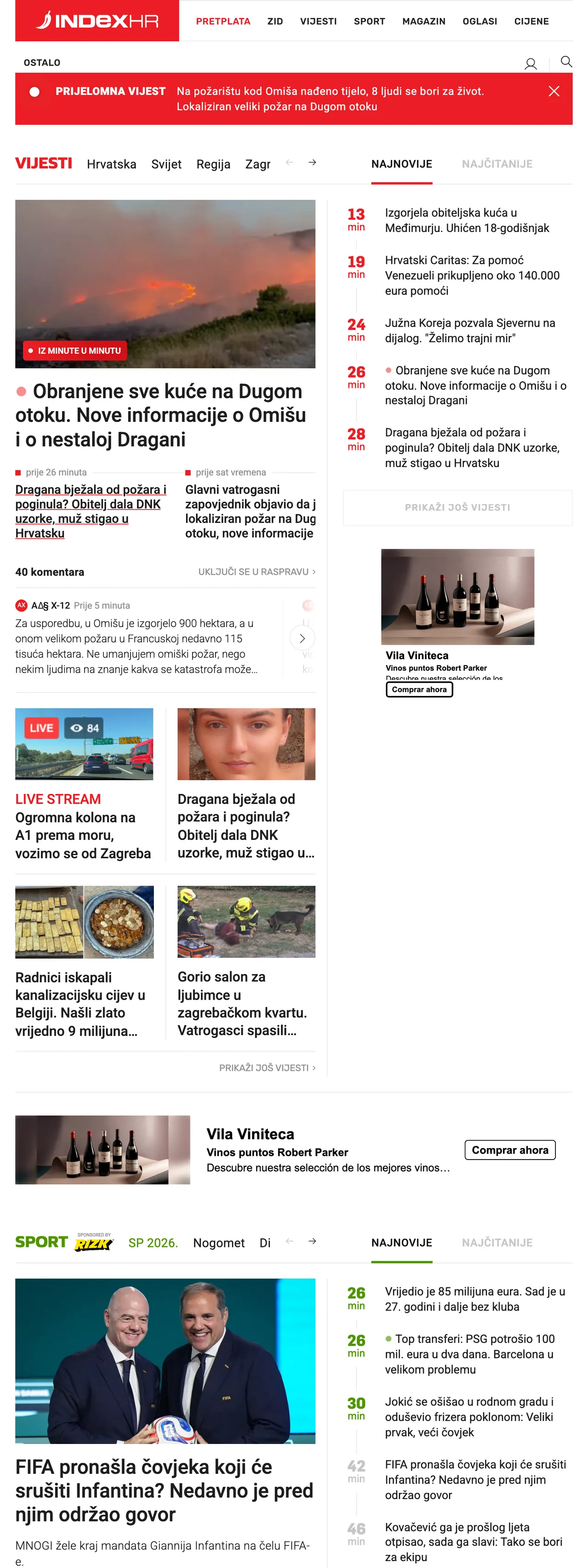 Screenshot of the Index.hr front page