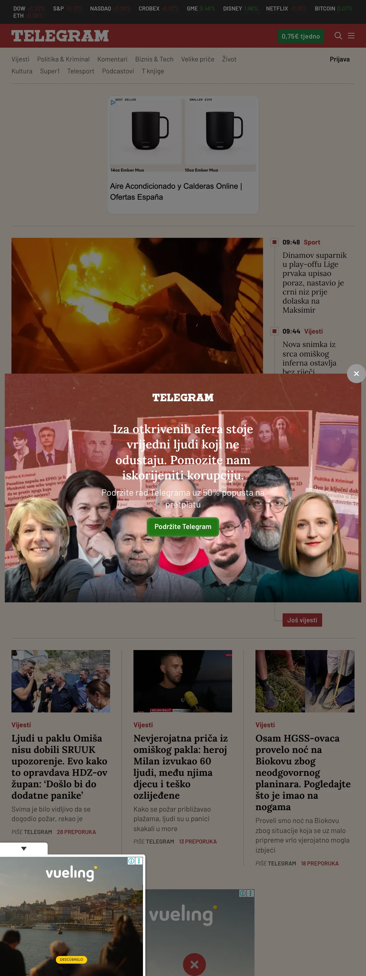 Screenshot of the Telegram.hr front page