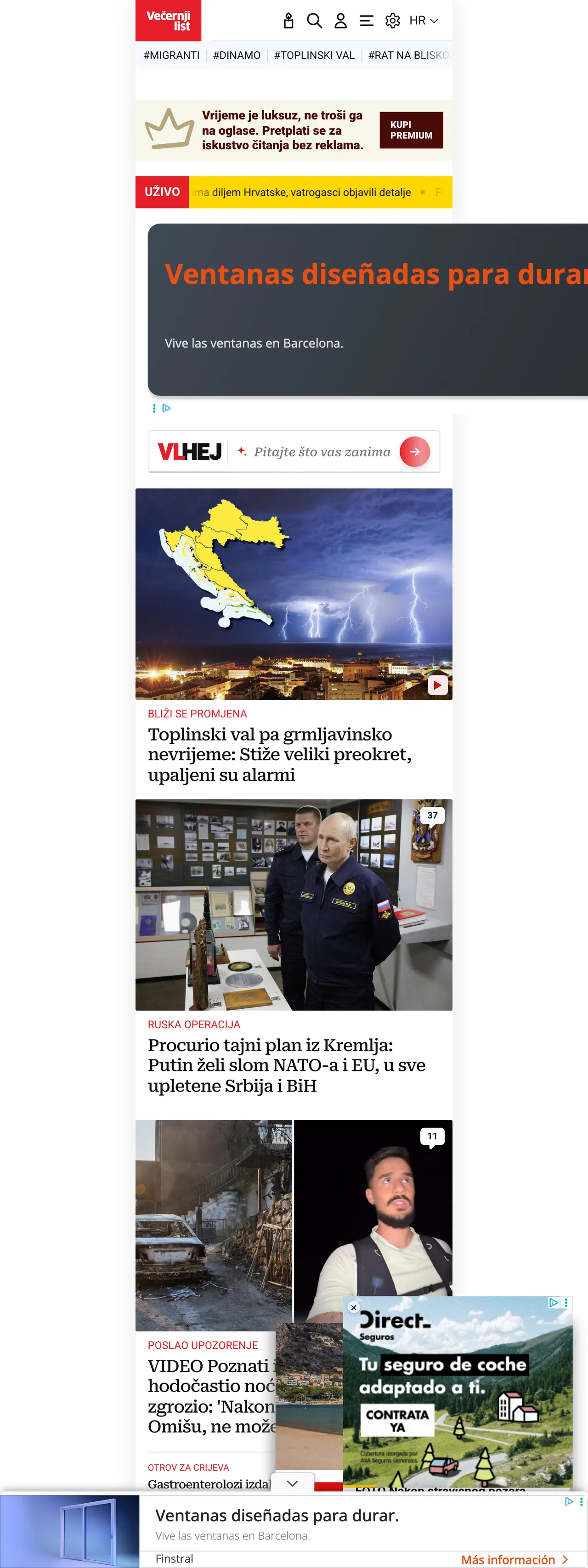 Screenshot of the Večernji list front page