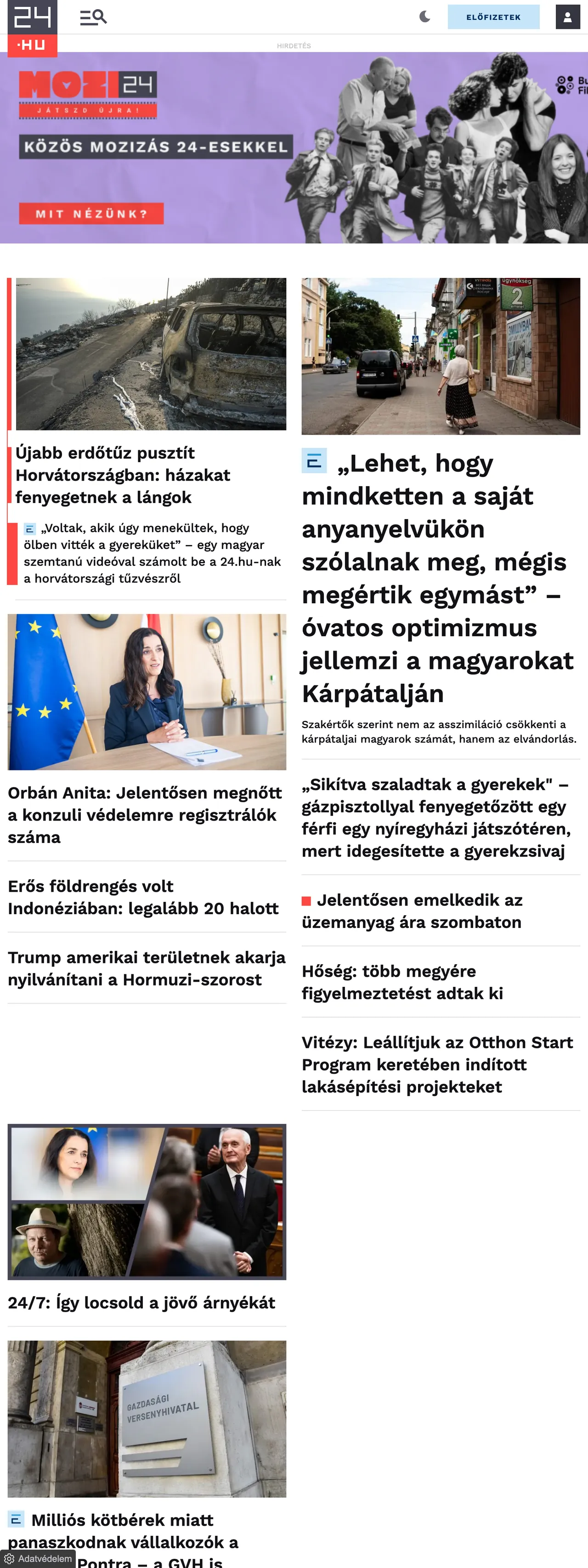 Screenshot of the 24.hu front page